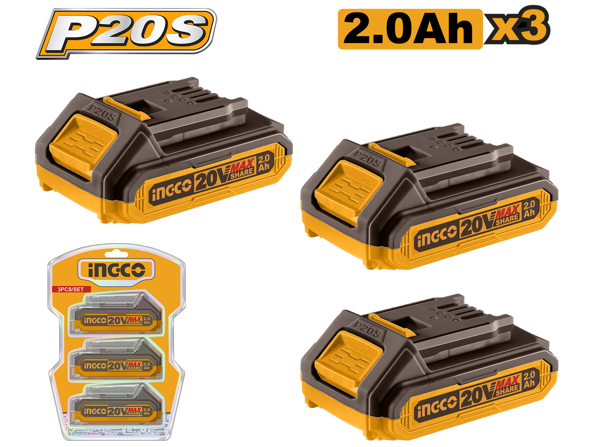 SET DE TRES BATERIAS 20V, 2.0 Ah