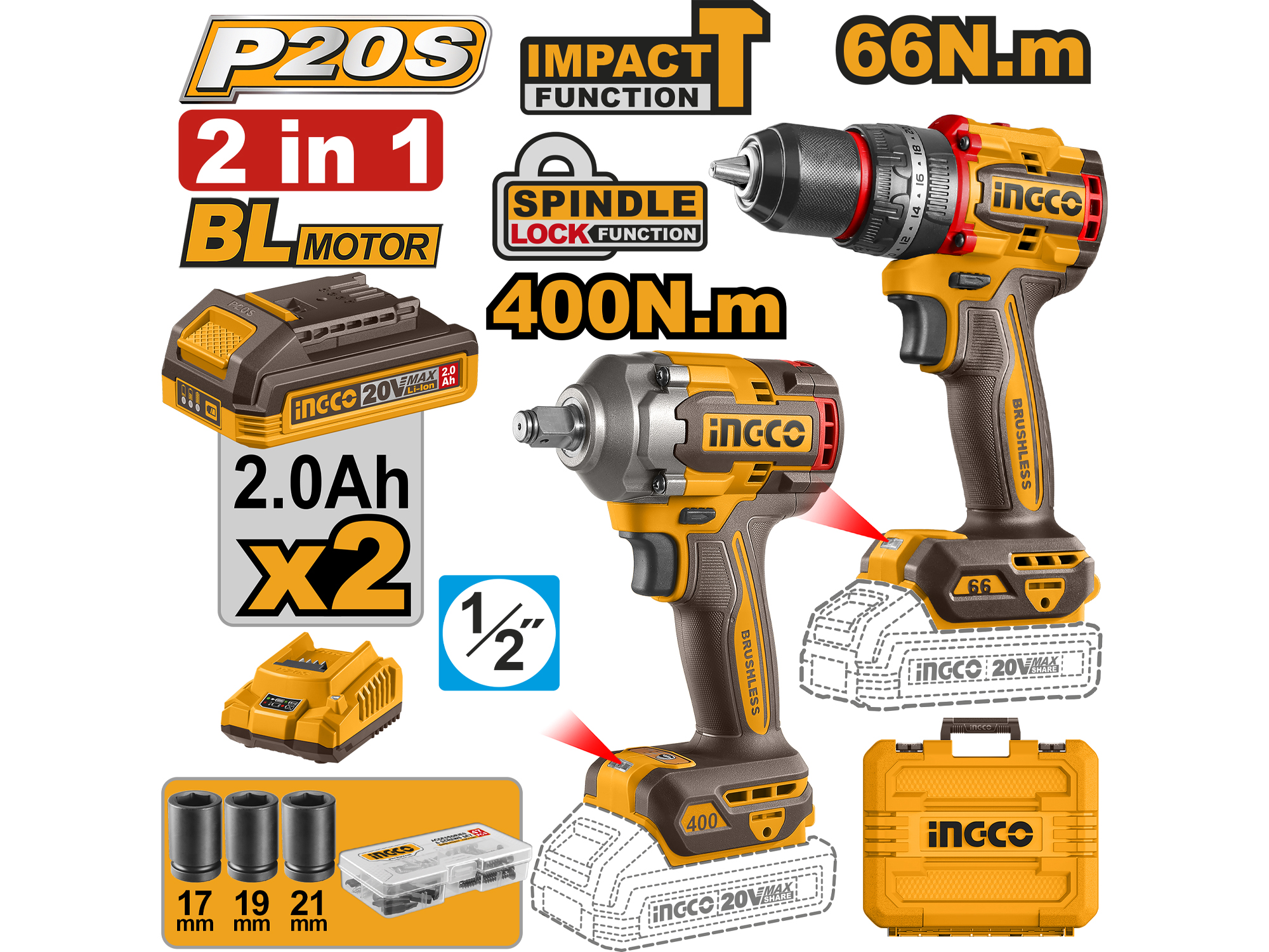 Kit Inalambrico De Barreno De Impacto 66Nm Y Pistola De Impacto 400Nm 20V Caja
