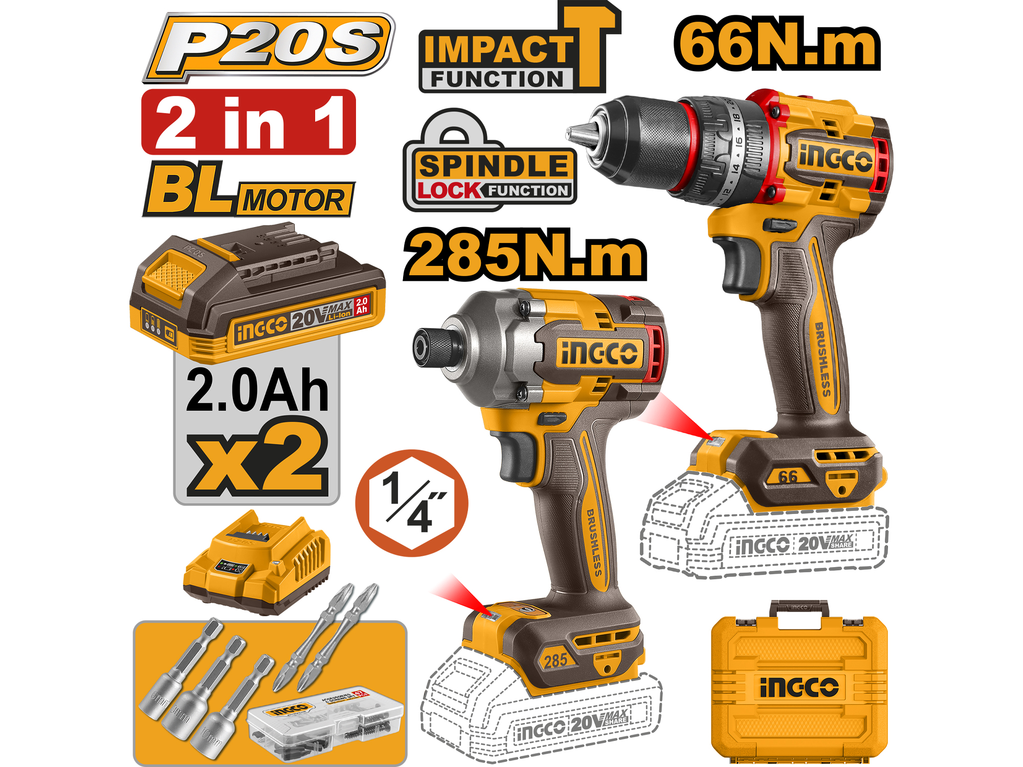 KIT INALÁMBRICO DE BARRENO DE IMPACTO Y ATORNILLADOR DE IMPACTO 20V