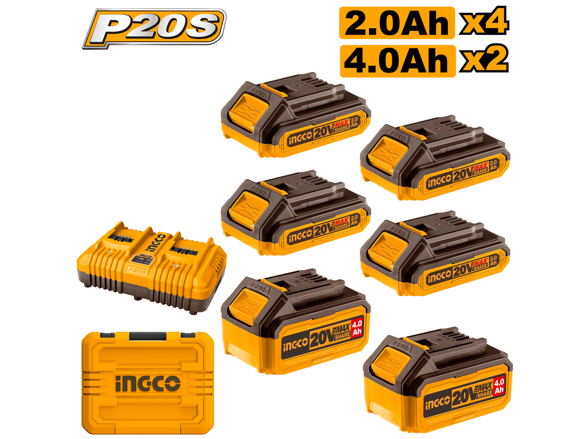 SET DE SEIS BATERIAS 20V, 2Ah Y 4Ah Y CARGADOR DOBLE INALAMBRICO