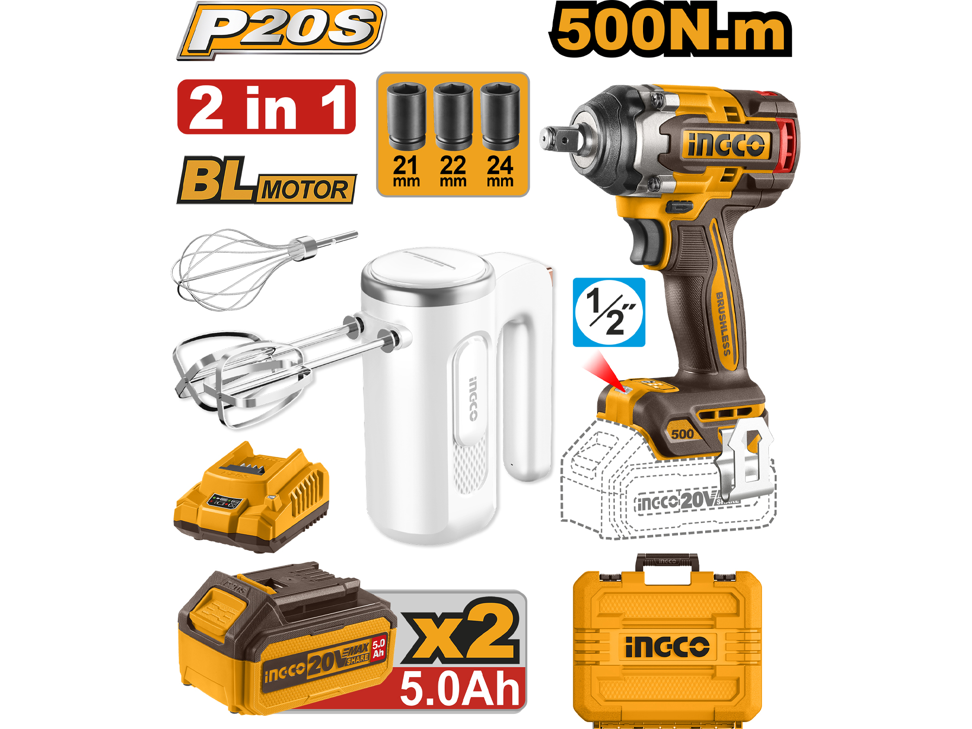 Combo Limitado 20V 2 Pcs Pistola De Impacto 500Nm Y Batidora, 2X5.0Ah Bateria Y Cargador