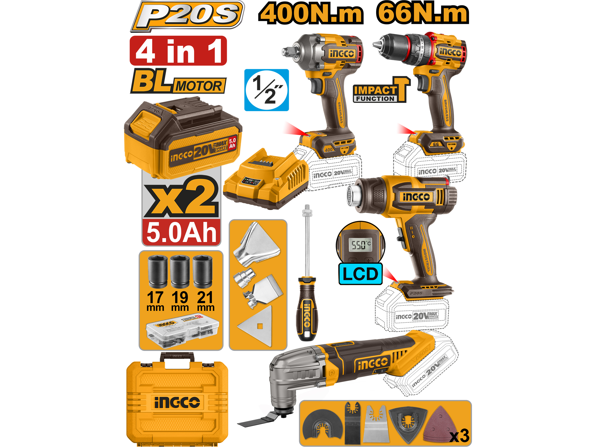Combo Limitado 20V 4 Pzs De Barreno De Impacto, Pistola De Impacto, Pistola De Calor Y Multitool, Dos Baterias 5Ah Y Cargador