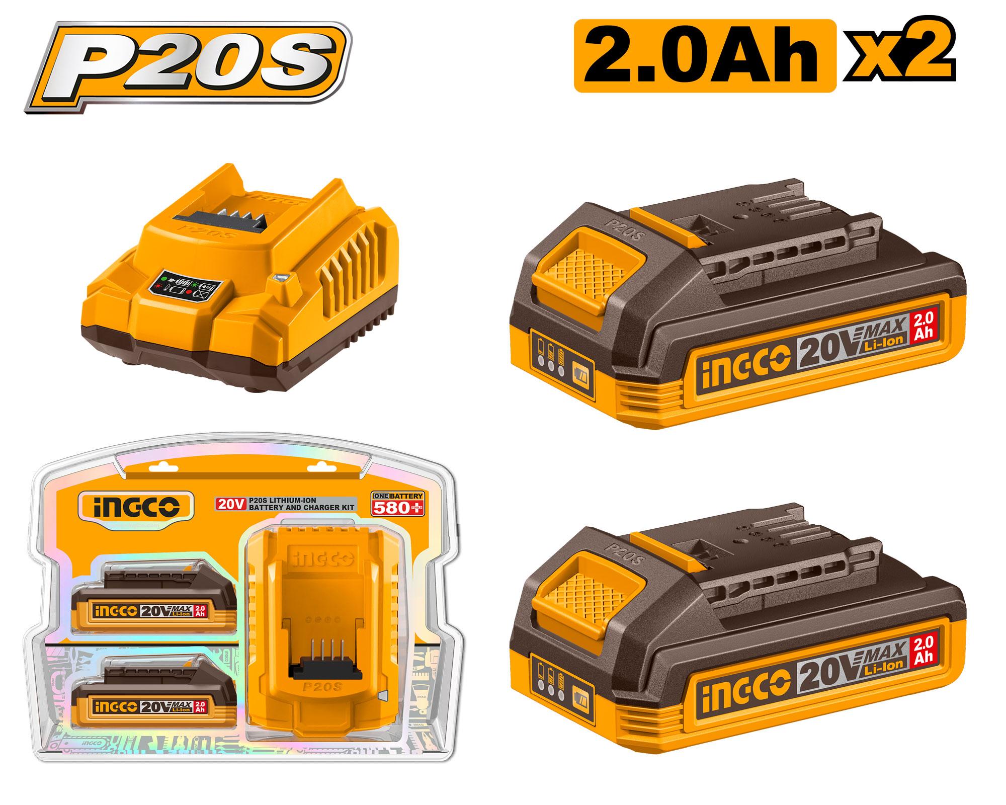 Set De Dos Baterias 20V, 2Ah Y Cargador Inalambrico Ingco