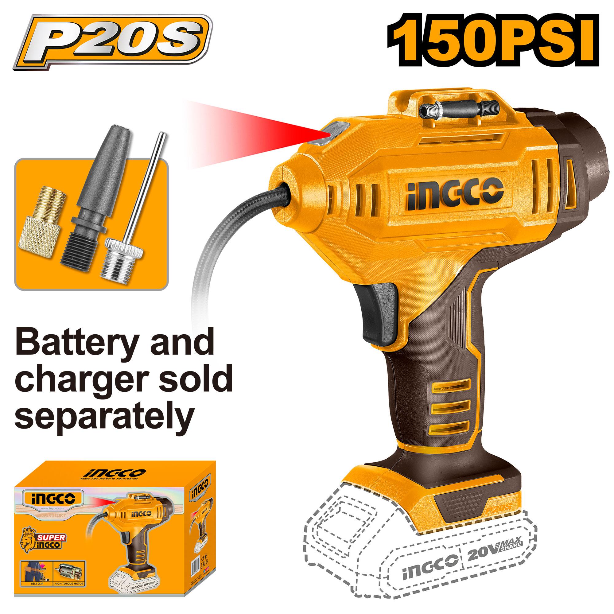 Compresor 20V 150Psi/10.3Bar Sin Bateria Ni Cargador Con 3 Accesorios Inalambrico Ingco