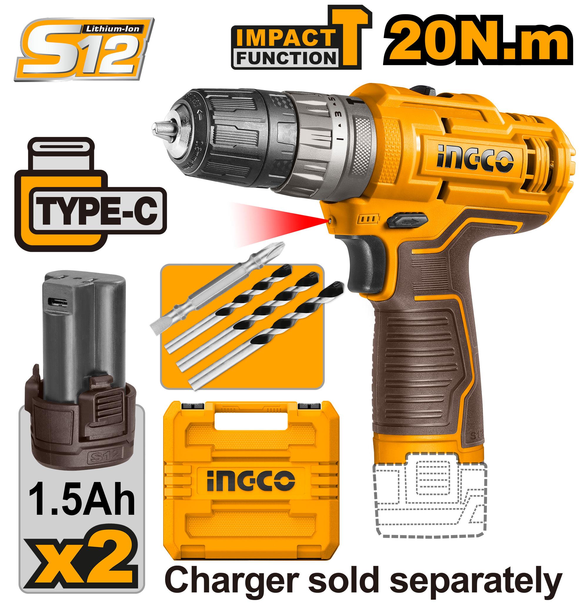 Barreno De Impacto Inalambrico 3/8" 12V 20Nm 2 Bat. Sin Cargador (Tipo C)