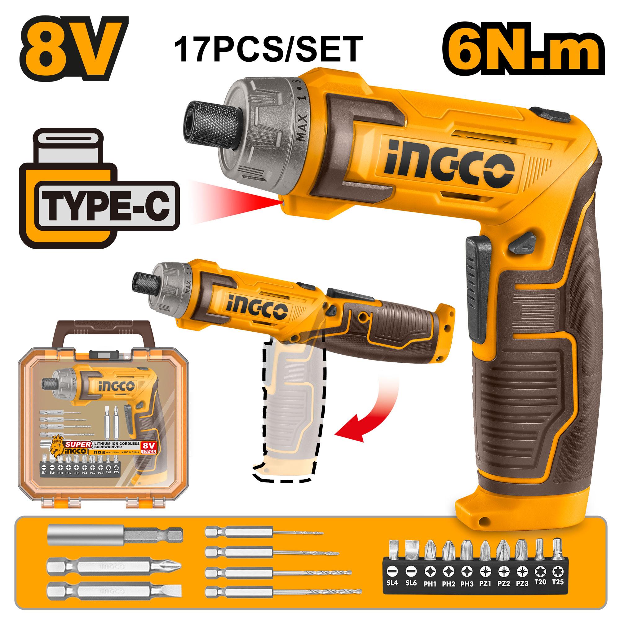 Atornillador Inalambrico 8V Tipo C 1/4", 6Nm 17 Pzs Ingco