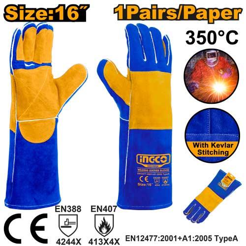 Guantes Para Soldar 16" Kevlar Y Cuero Azul Real Ingco Industrial
