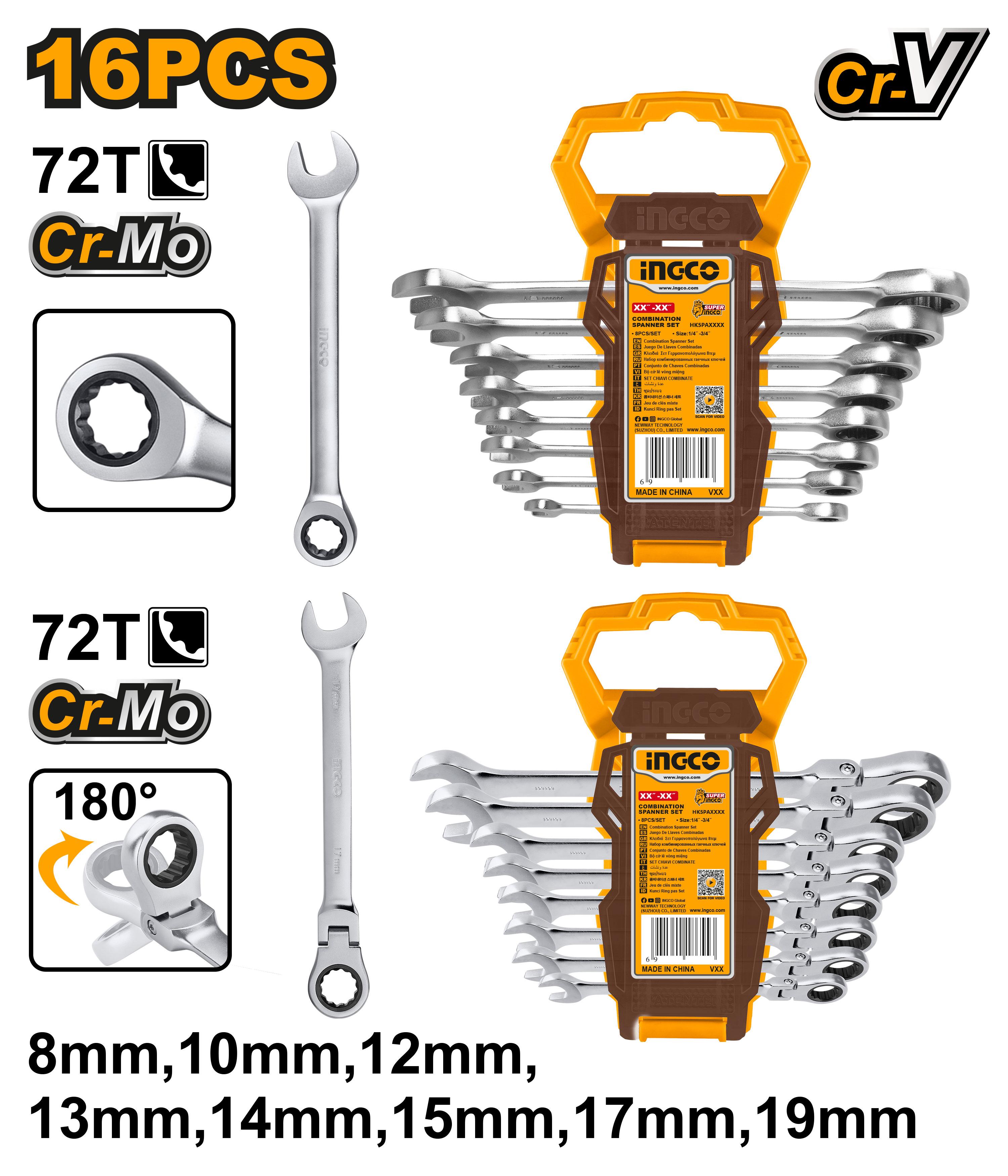 Set Doble De Llaves Cola Corona Con Ratch Y Ratch Flexible 16 Pzs, 72 Dientes 8Mm-19Mm