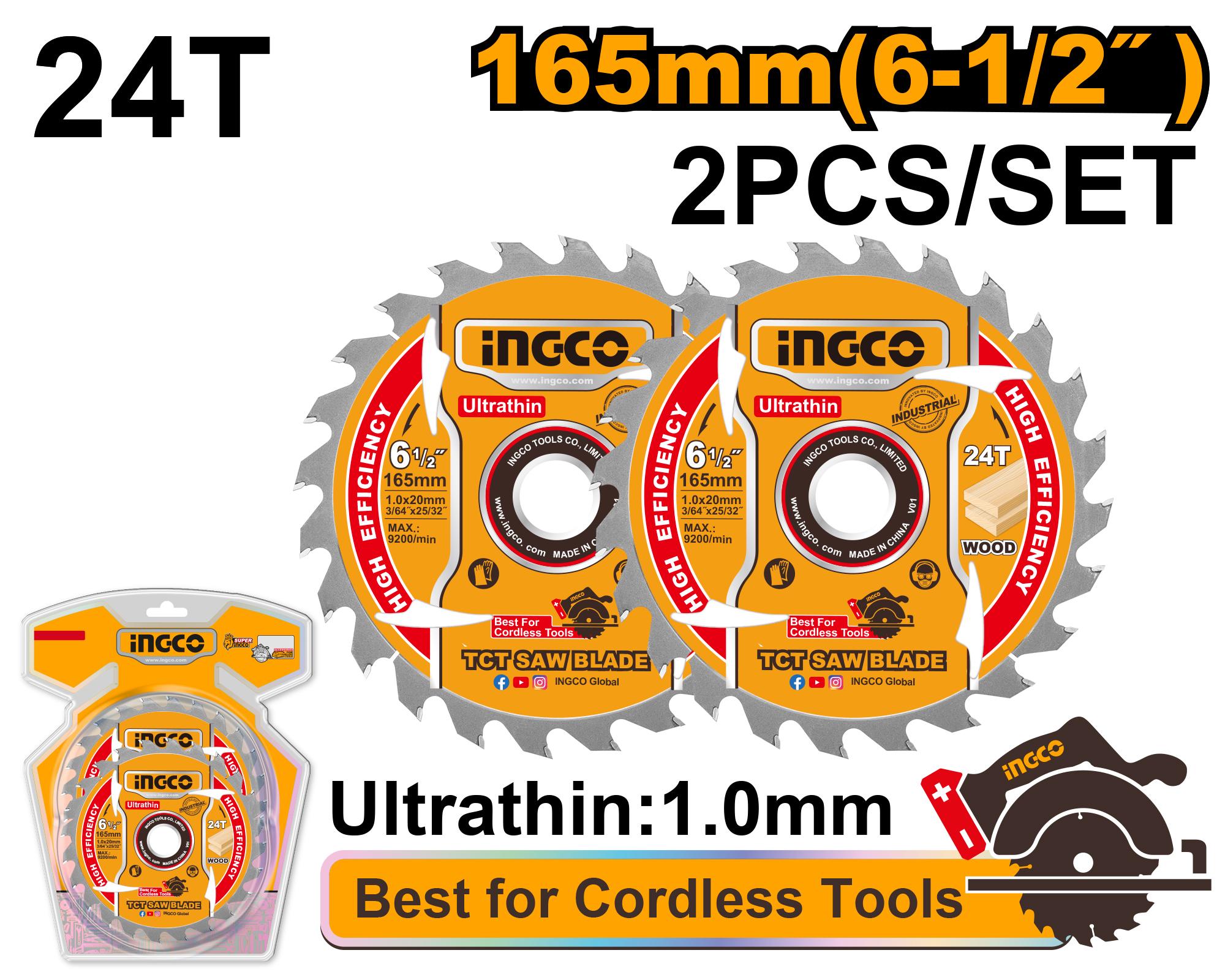 Set De 2 Discos Para Sierra Circular Ingco 6-1/2" (165Mm) De Corte Fino Csli1651