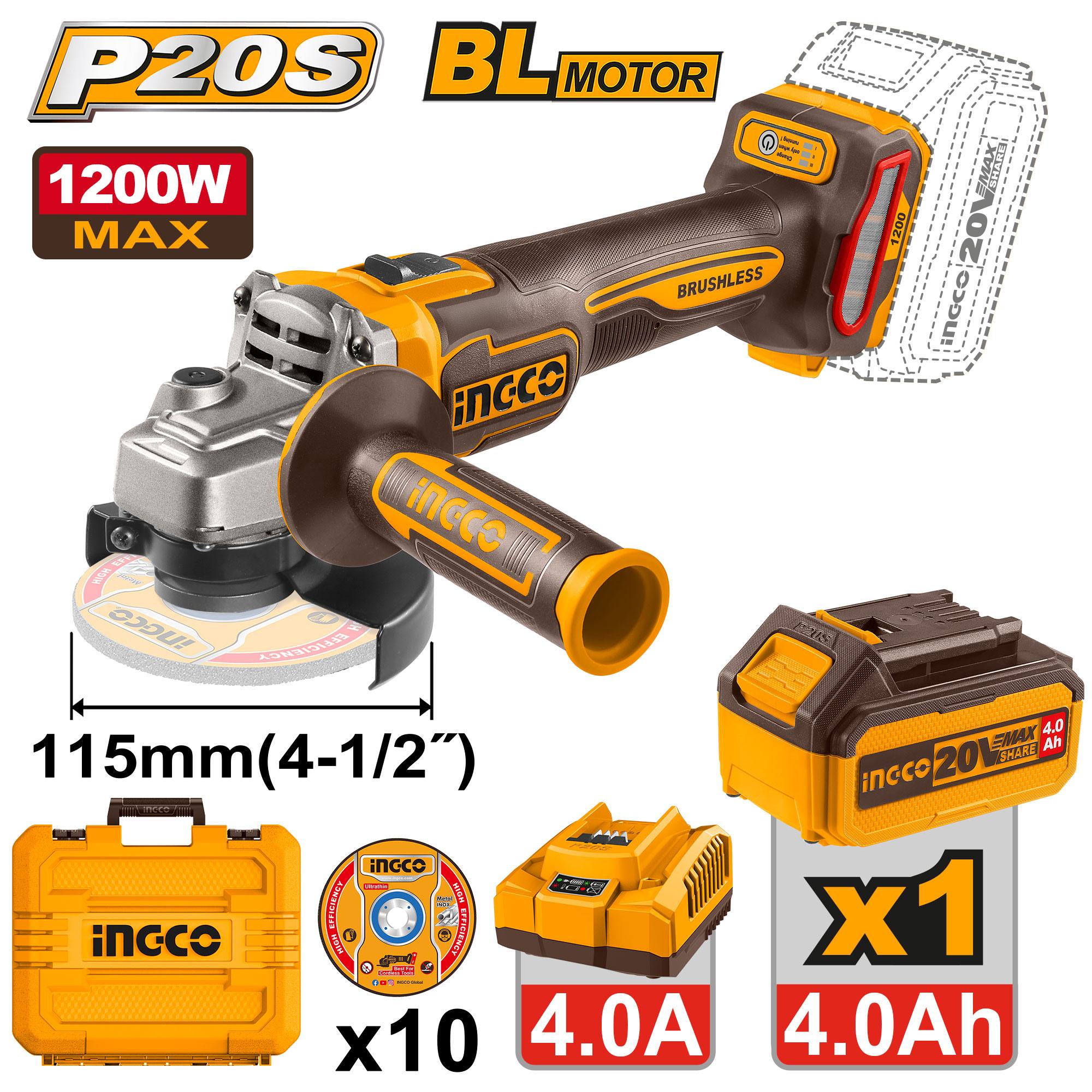 Esmeril Angular Inalambrico 20V, 4-1/2" 1200W 10 Discos, 1 Bateria 4.0Ah Y Cargador