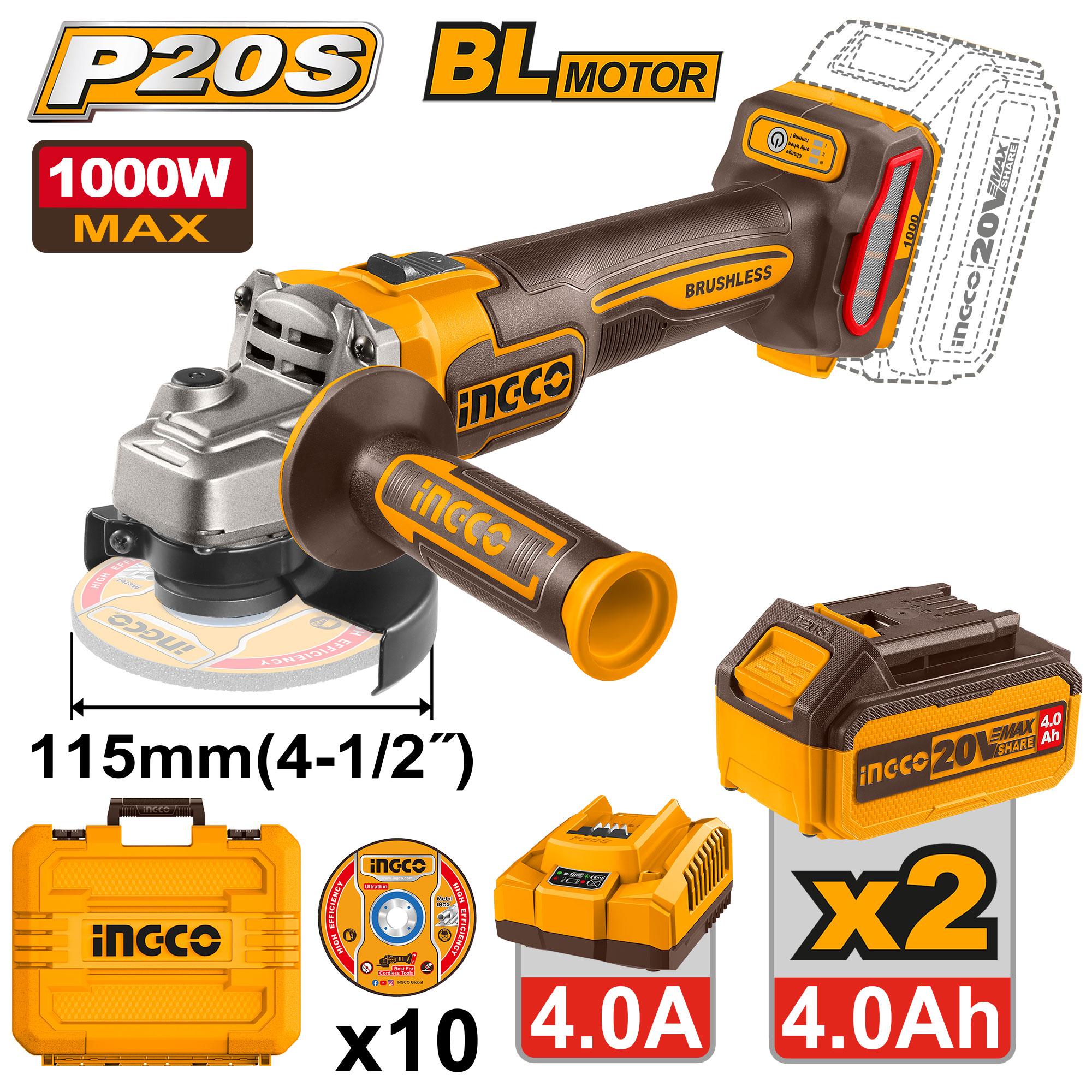 Esmeril Angular Inalambrico 20V, 4-1/2" 1000W 10 Discos, 2 Baterias 4.0Ah Y Cargador