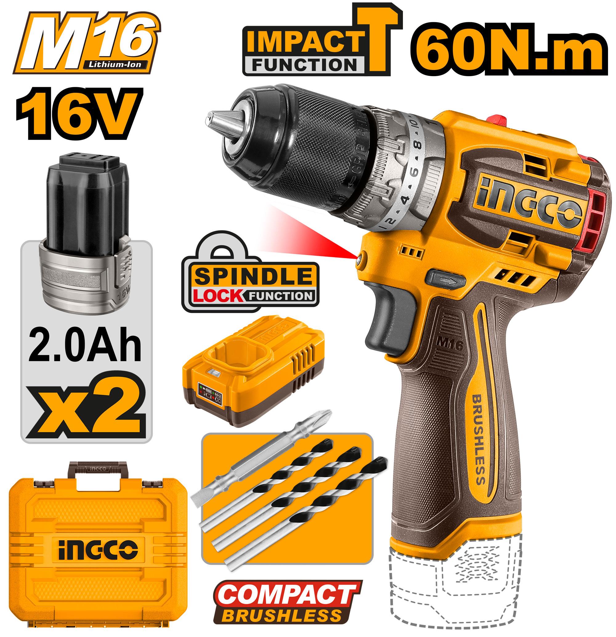 Barreno De Impacto Inalambrico 16V 1/2" 60Nm Bl 2 Bat. Y Carg.