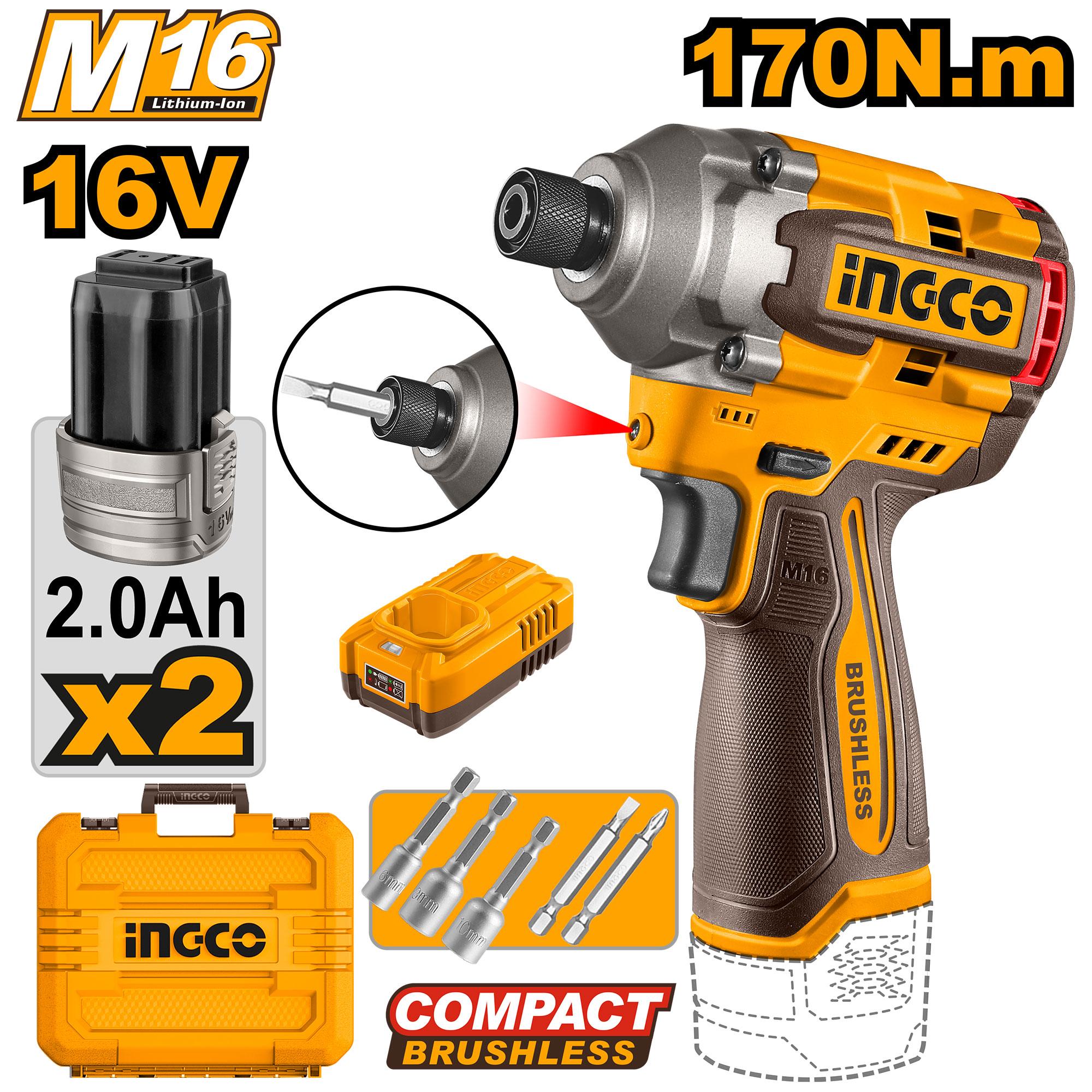 Atornillador De Impacto Inalambrica Ingco 16V/170Nm Con Dos Baterias Y Carg.