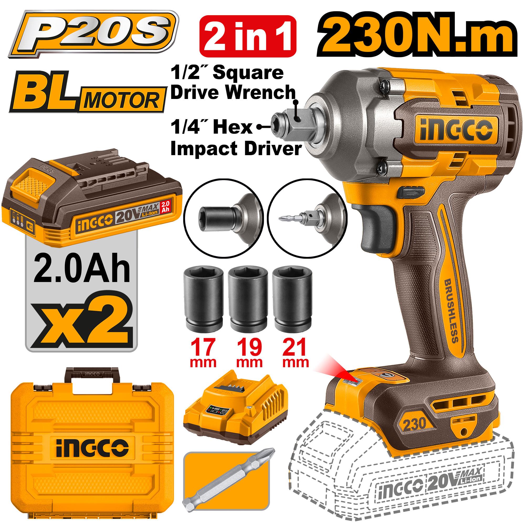 Pistola De Impacto Inalambrica 1/2" 230Nm 2 En 1 20V Con 2 Baterias Y Copas Extra