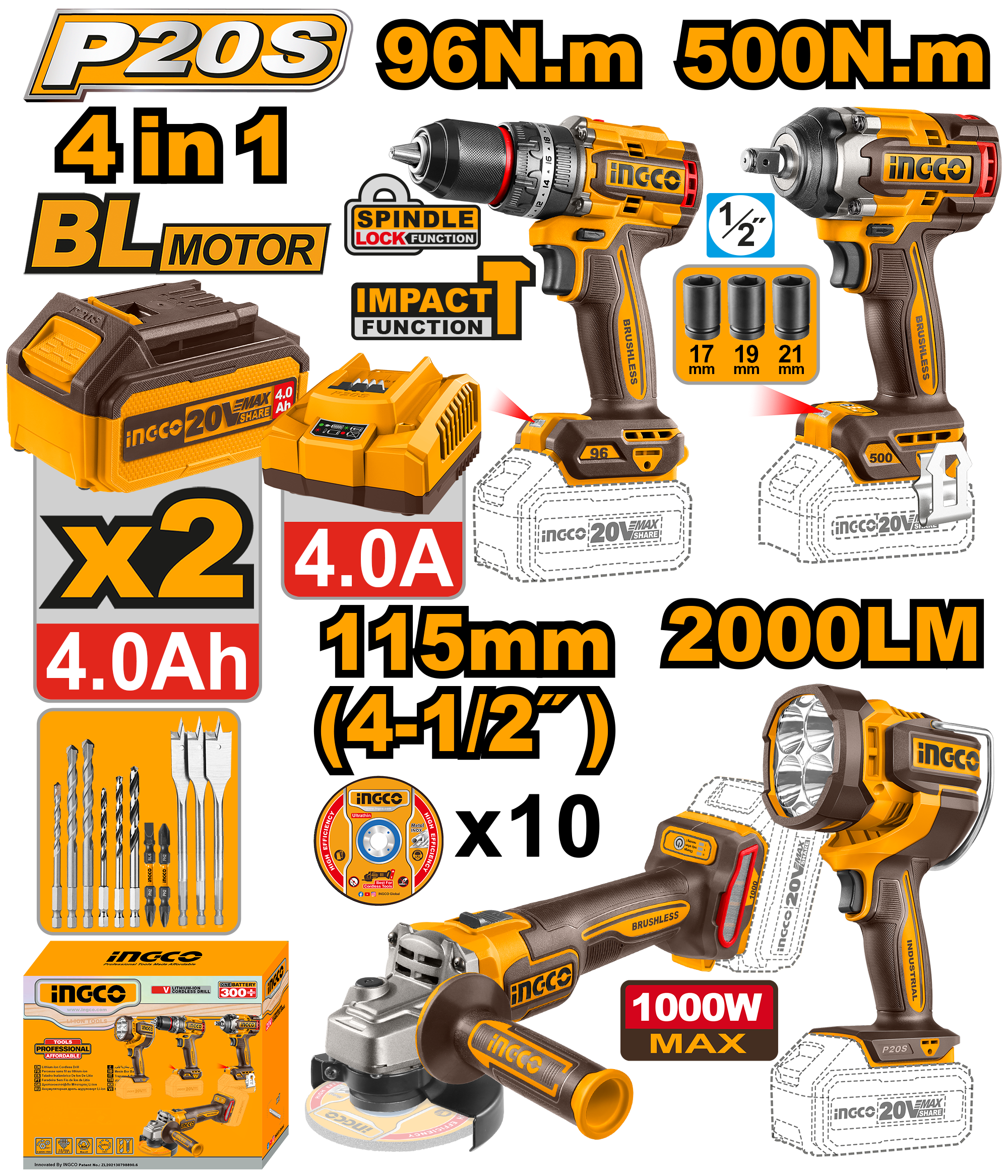 Combo Limitado 20V 4 Pzs De Barreno De Impacto 96Nm, Pistola De Impacto 500Nm, Esmeril 4-1/2" Y Lampara, Dos Baterias 4Ah Y Cargador