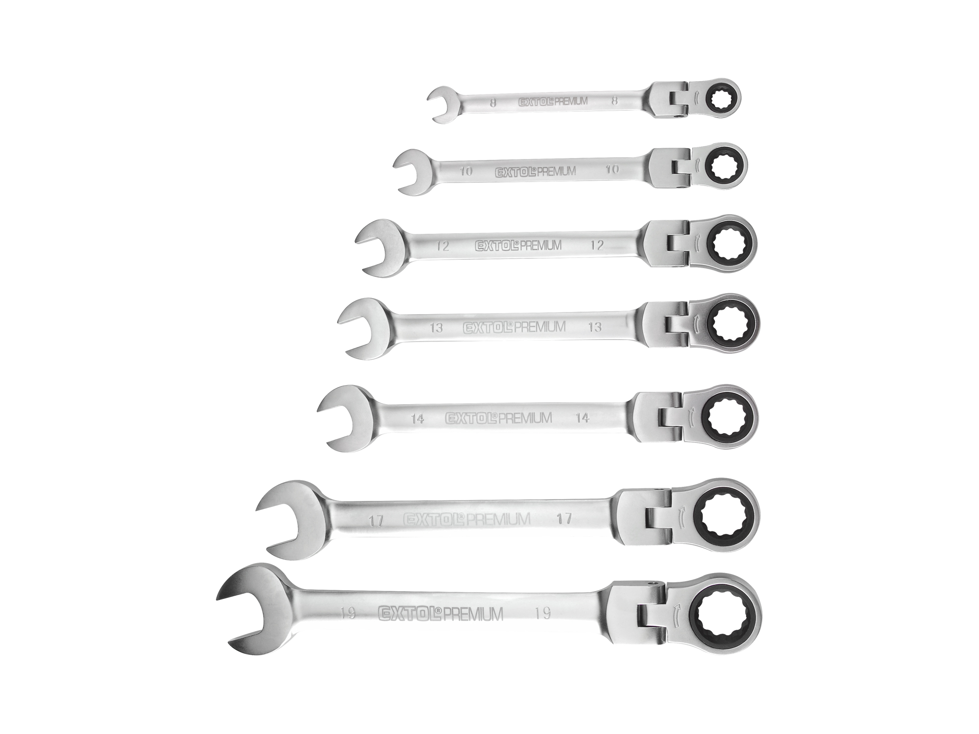 JUEGO DE 7 LLAVES RATCHET CORONA/COLA EXTOL  C/BISAGRA  180Â°  8-19MM