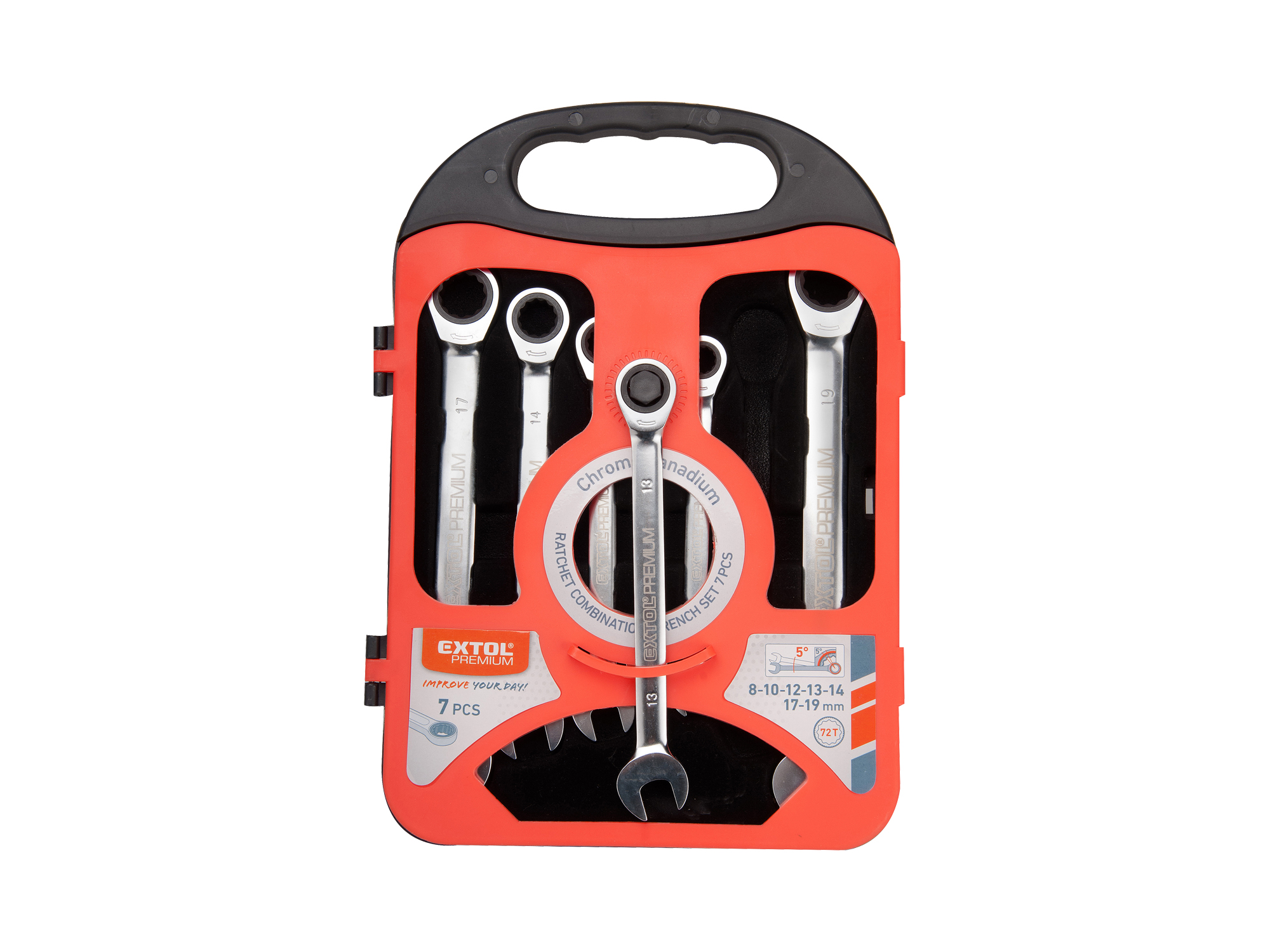 JUEGO DE 7 LLAVES RATCHET CORONA/COLA EXTOL C/BISAGRA 180° 8-19MM - Imagen 1