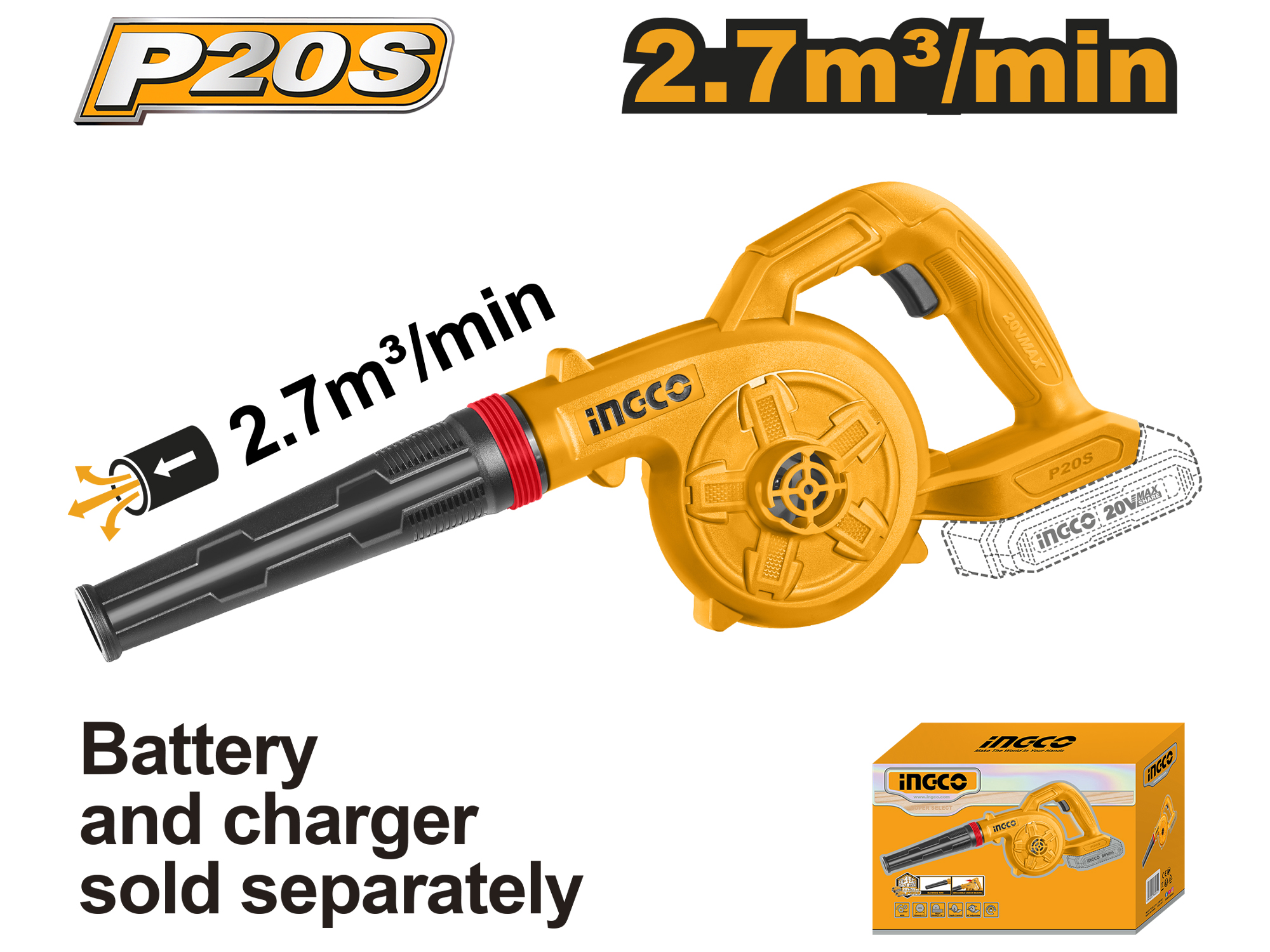 SOPLADOR MEDIANO INALAMBRICO 20V, SIN BATERIA NI CARGADOR