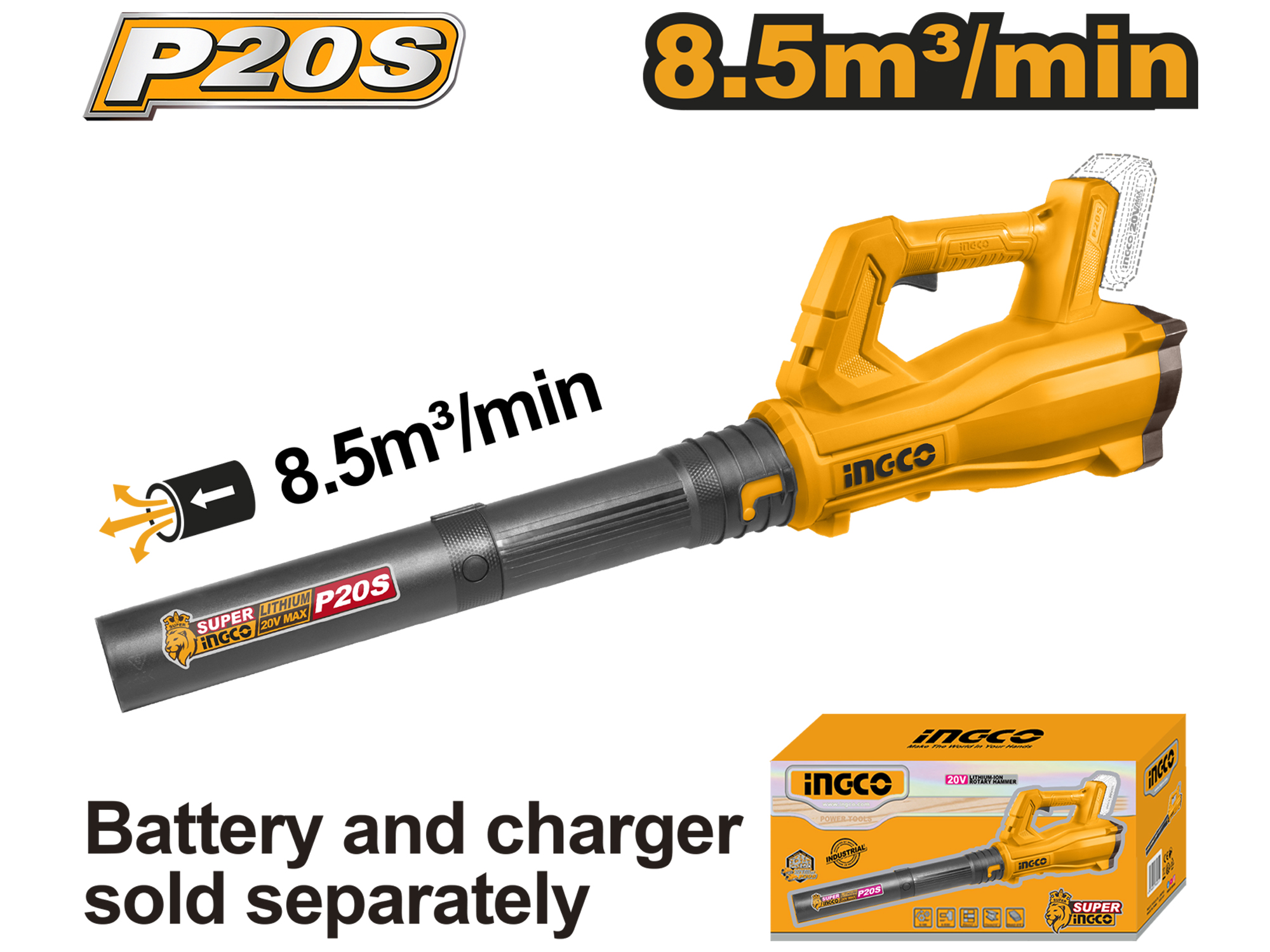 SOPLADOR LARGO INALAMBRICO 20V, SIN BATERIA NI CARGADOR