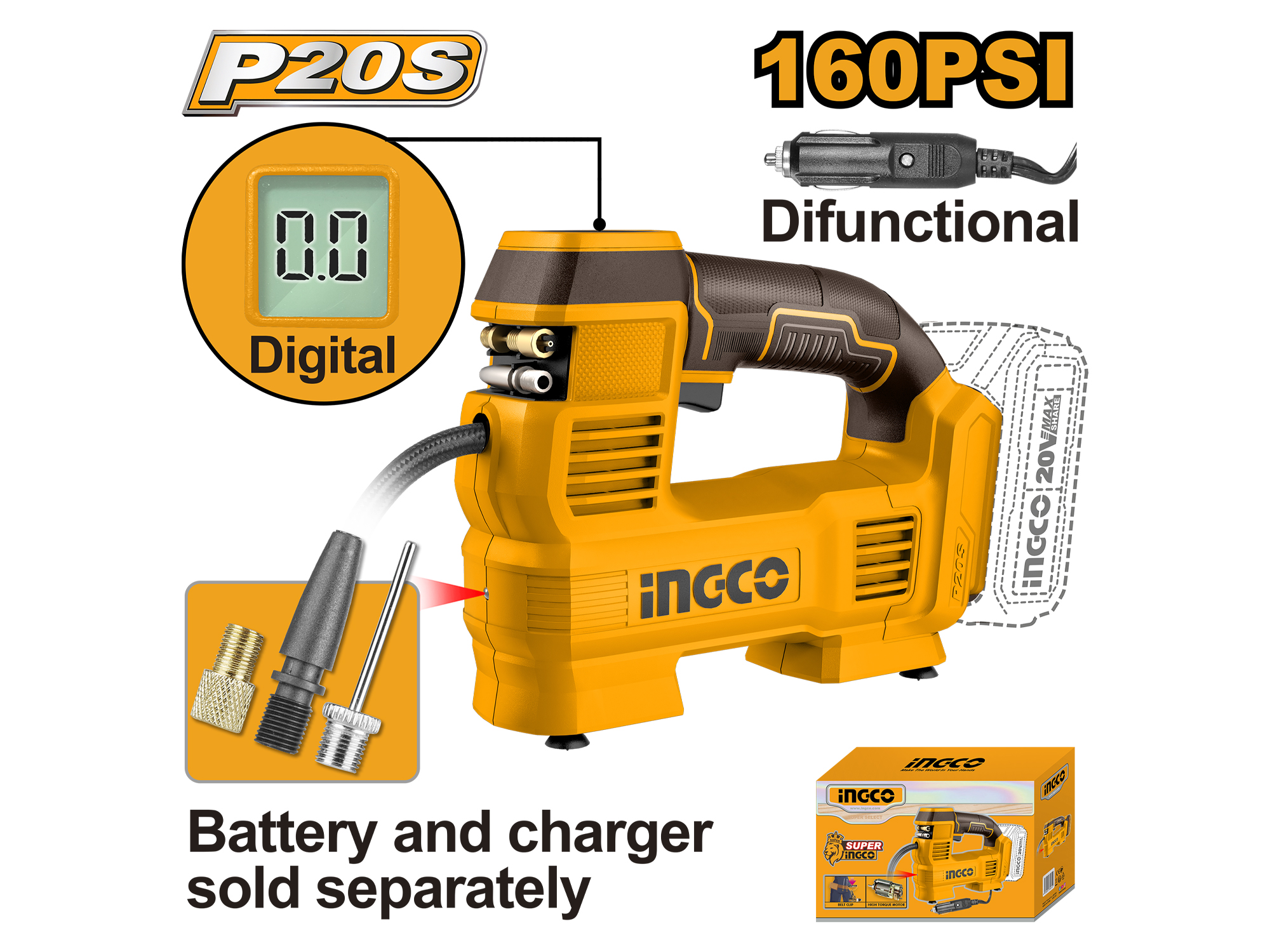Compresor 20V 160Psi/11Bar 35L/Min Con 5 Accesorios Inalambrico Sin Bateria Ni Cargador Ingco