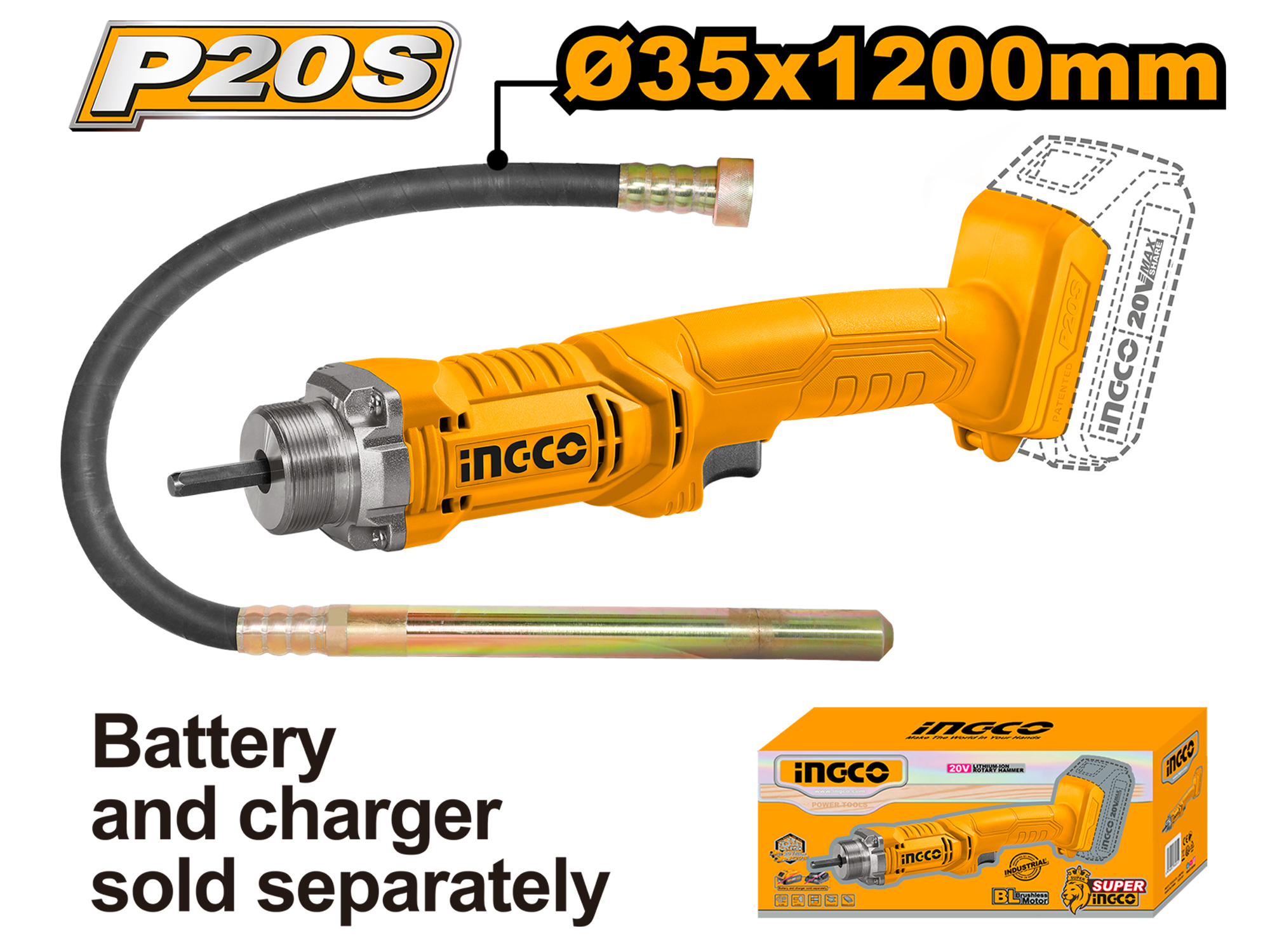 VIBRADOR DE CONCRETO INALÁMBRICO 20V, SIN BATERÍAS NI CARGADOR