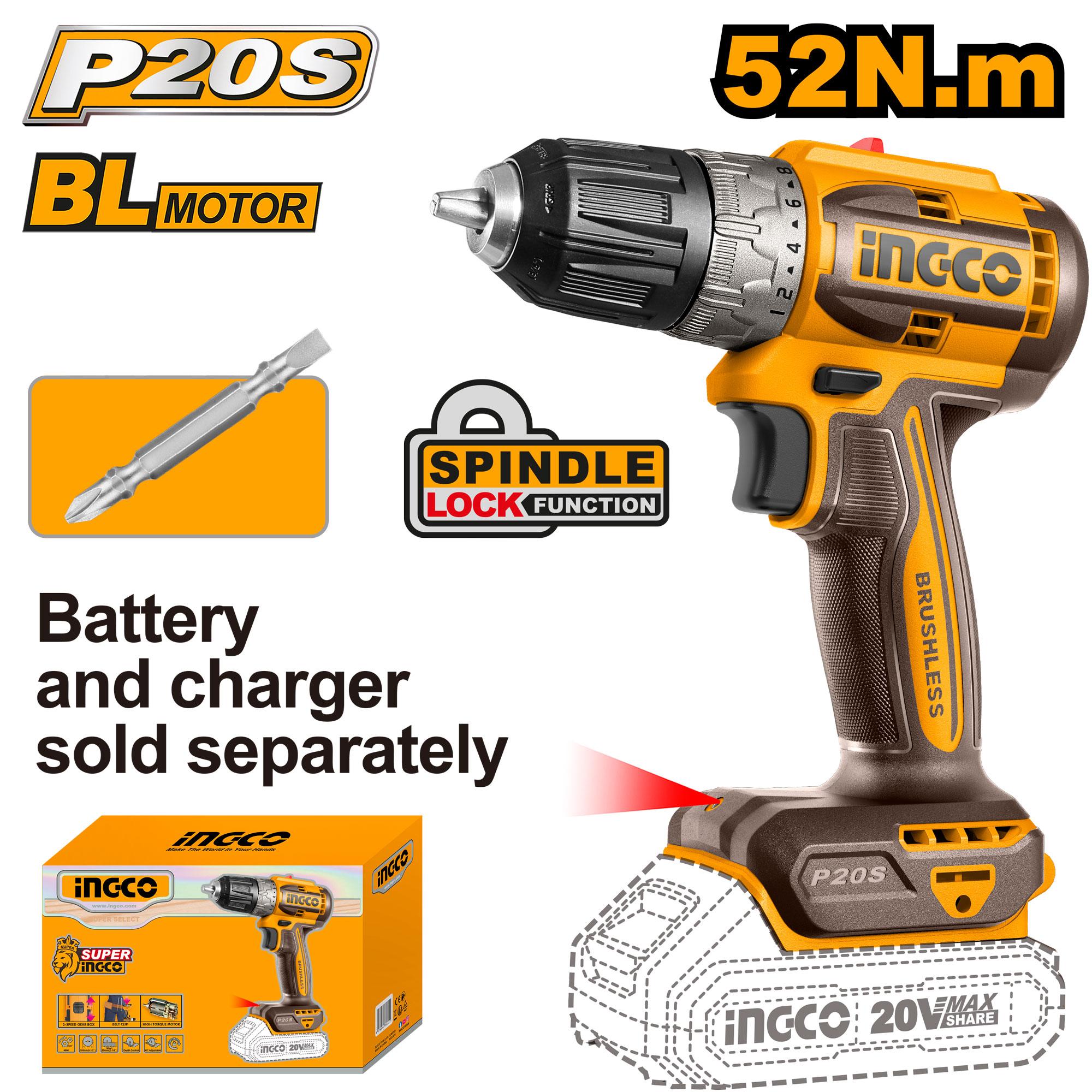 Atornillador Inalambrico 20V, 3/8", 52Nm Brushless Sin Bateria Y Cargador Ingco