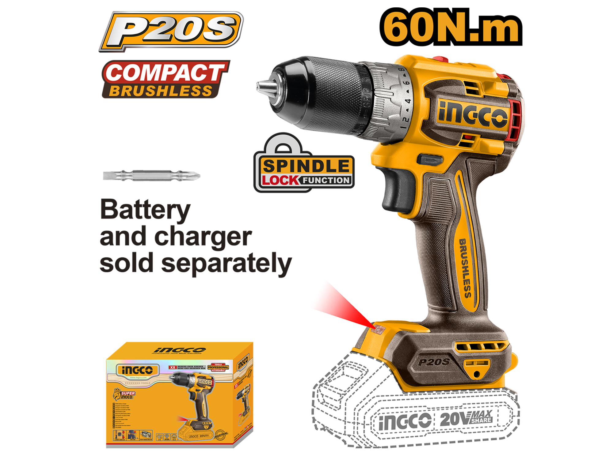 BARRENO / ATORNILLADOR INALÁMBRICO 20V, 1/2", SIN BATERÍA NI CARGADOR