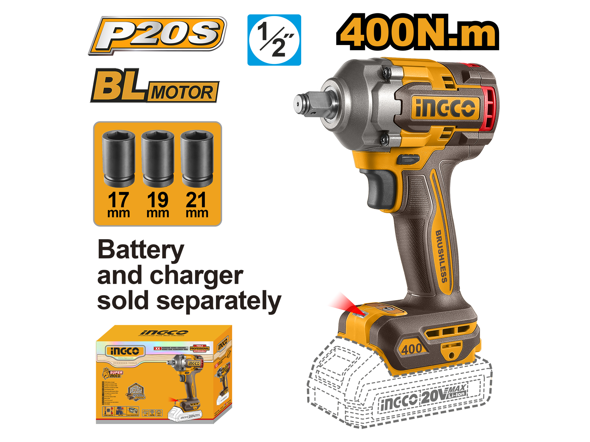 PISTOLA DE IMPACTO INALAMBRICA 20V, 1/2"  SIN BATERIA NI CARGADOR