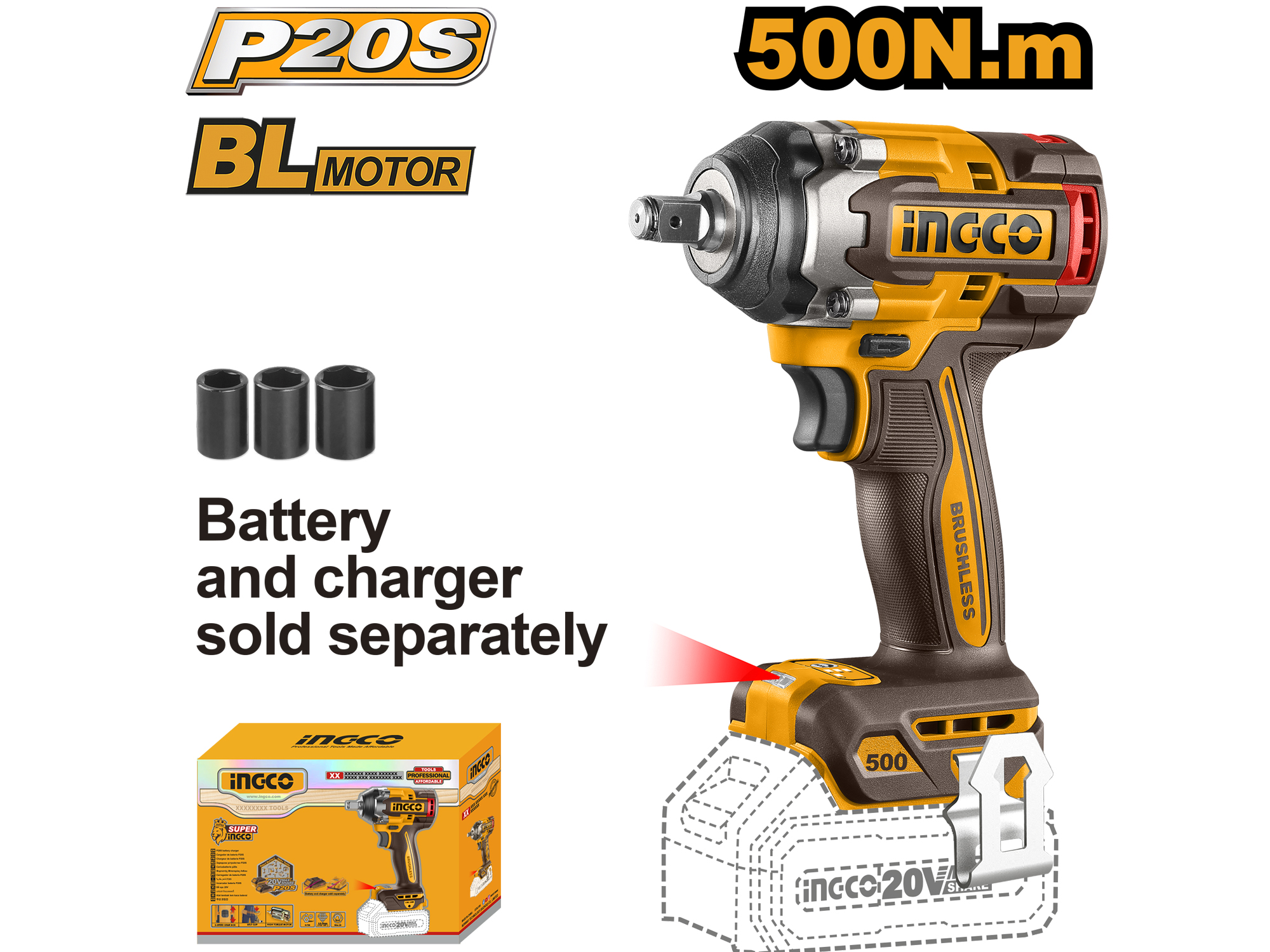PISTOLA DE IMPACTO 20V, 1/2" SIN BATERIA NI CARGADOR