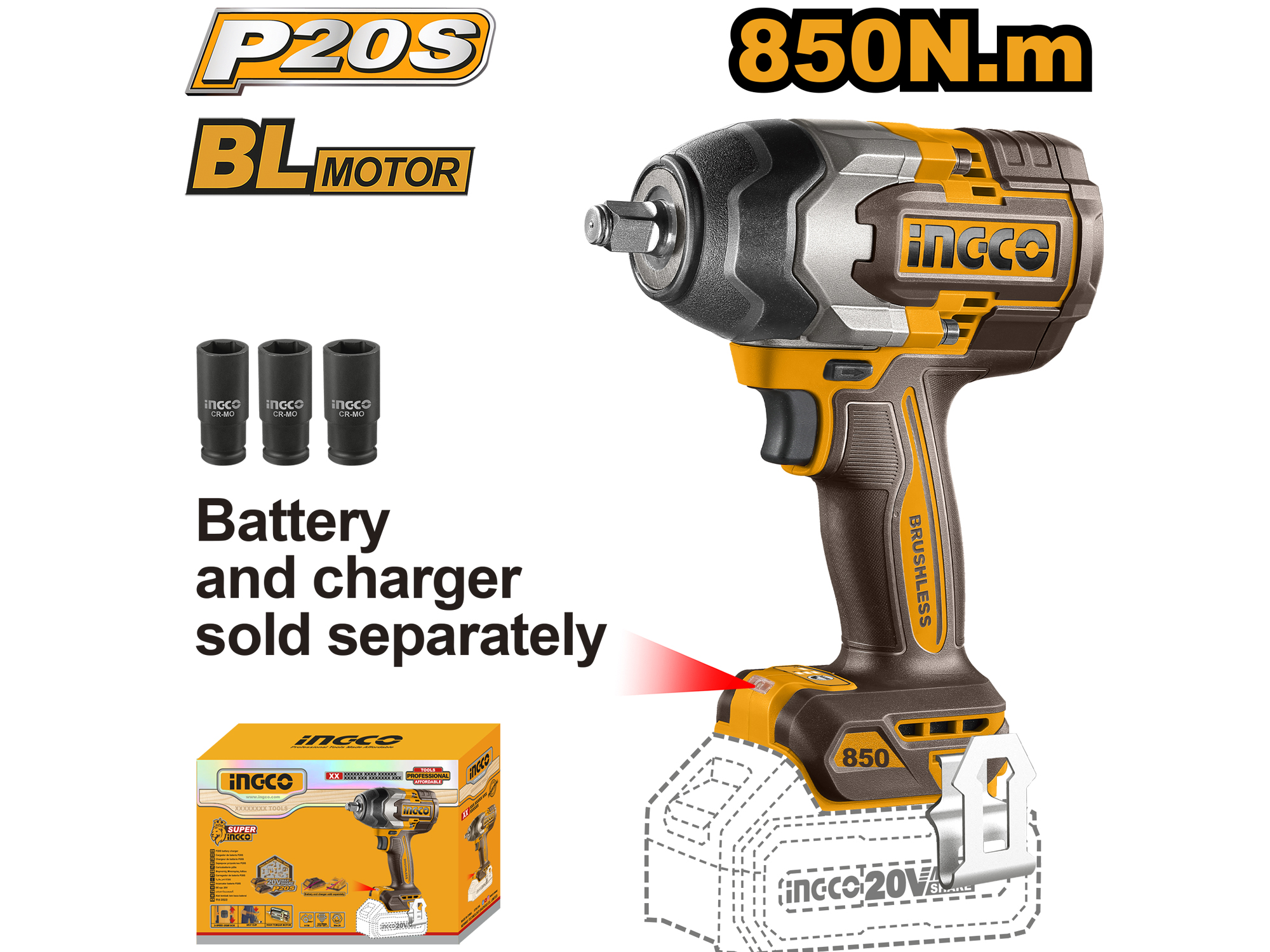 PISTOLA DE IMPACTO INALAMBRICA 20V, 1/2"