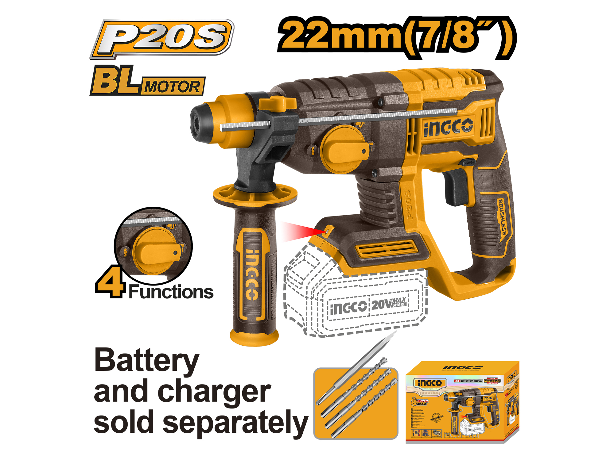 ROTOMARTILLO INALÁMBRICO SDS PLUS 2.0J, 20V, SIN BATERÍA NI CARGADOR