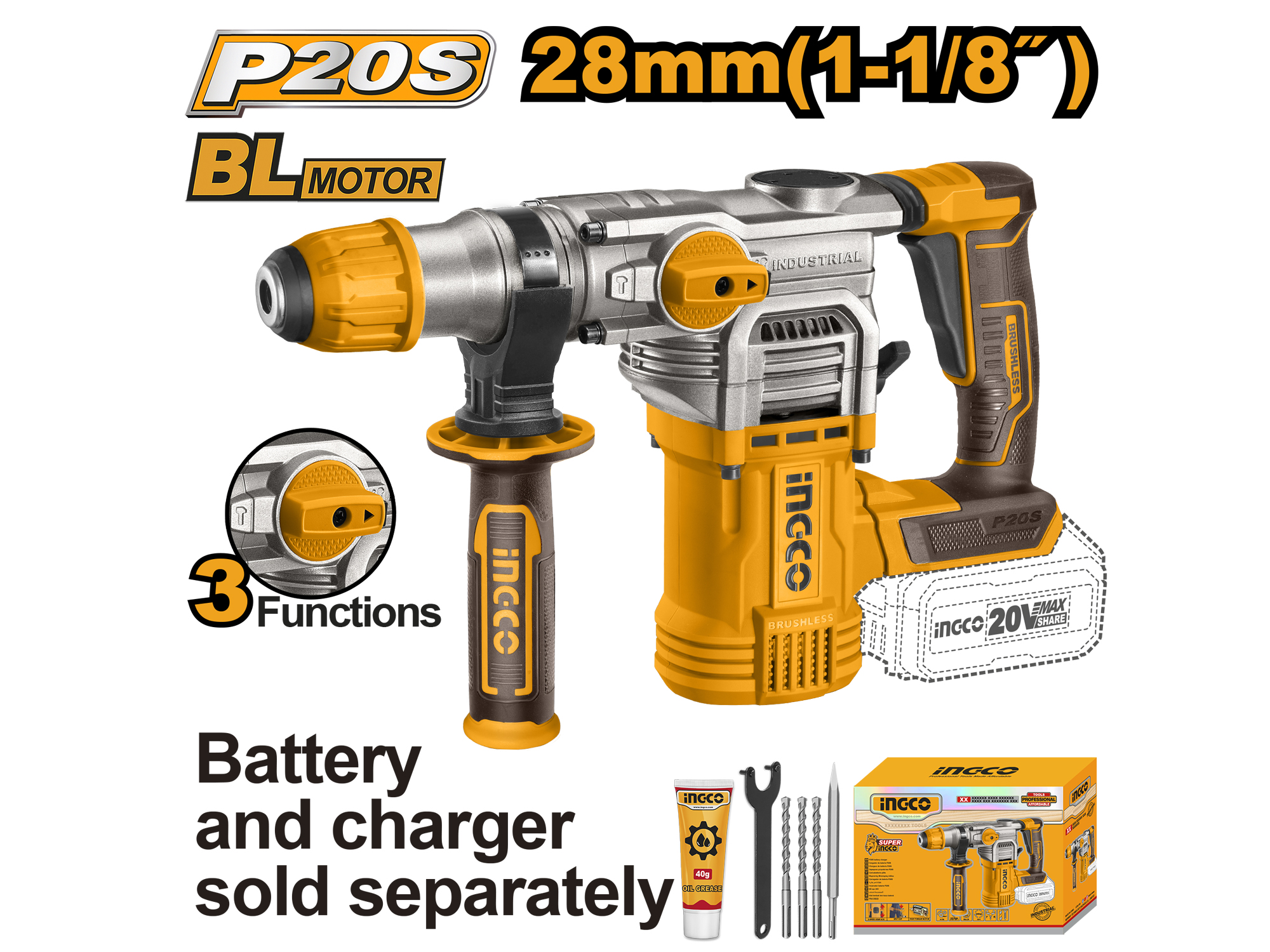 ROTOMARTILLO INALÁMBRICO 4.5J, 20V, SDS PLUS, SIN BATERIA NI CARGADOR