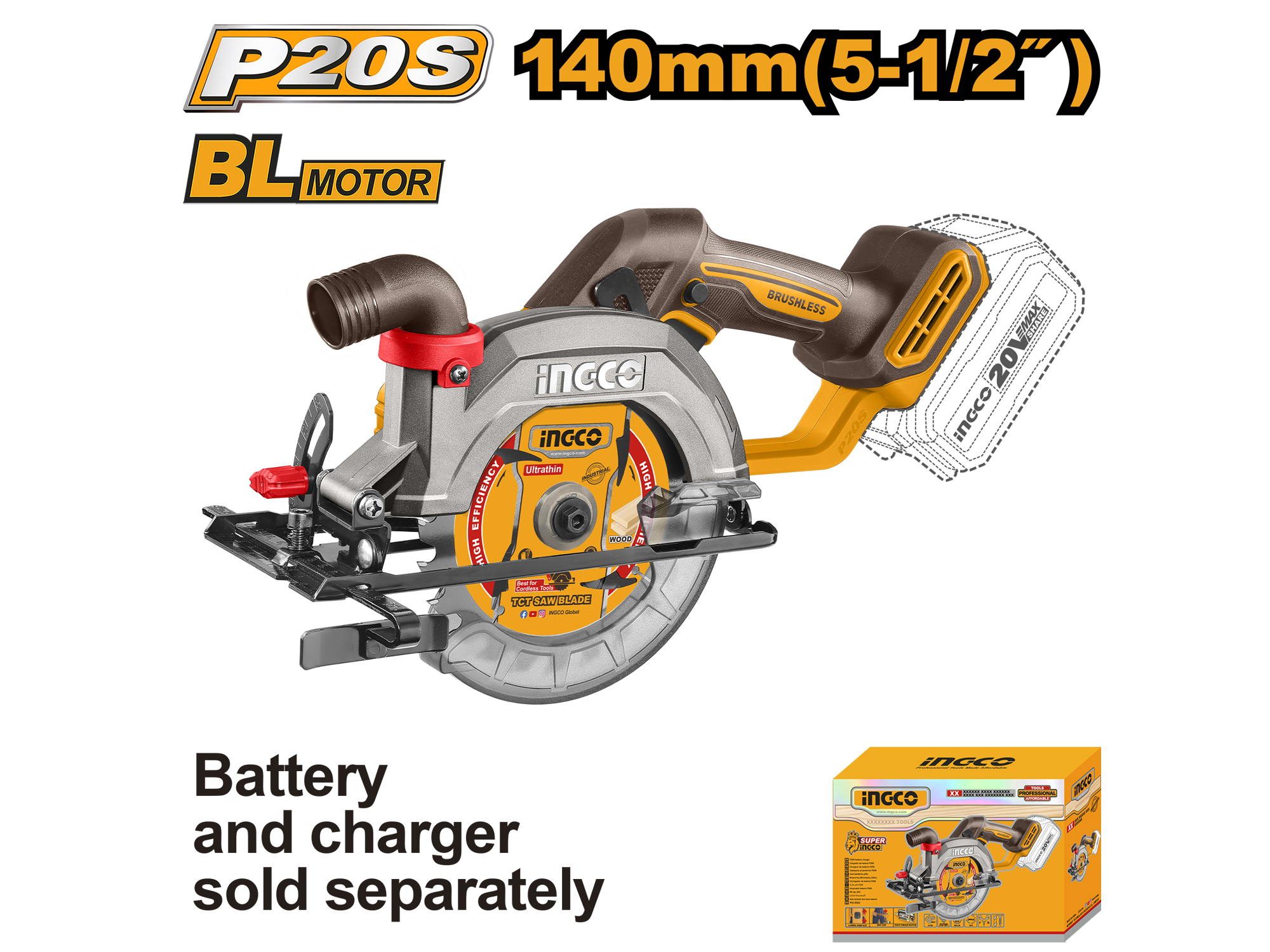 SIERRA CIRCULAR INALÁMBRICA 20V, 5-1/2", SIN BATERÍAS NI CARGADOR
