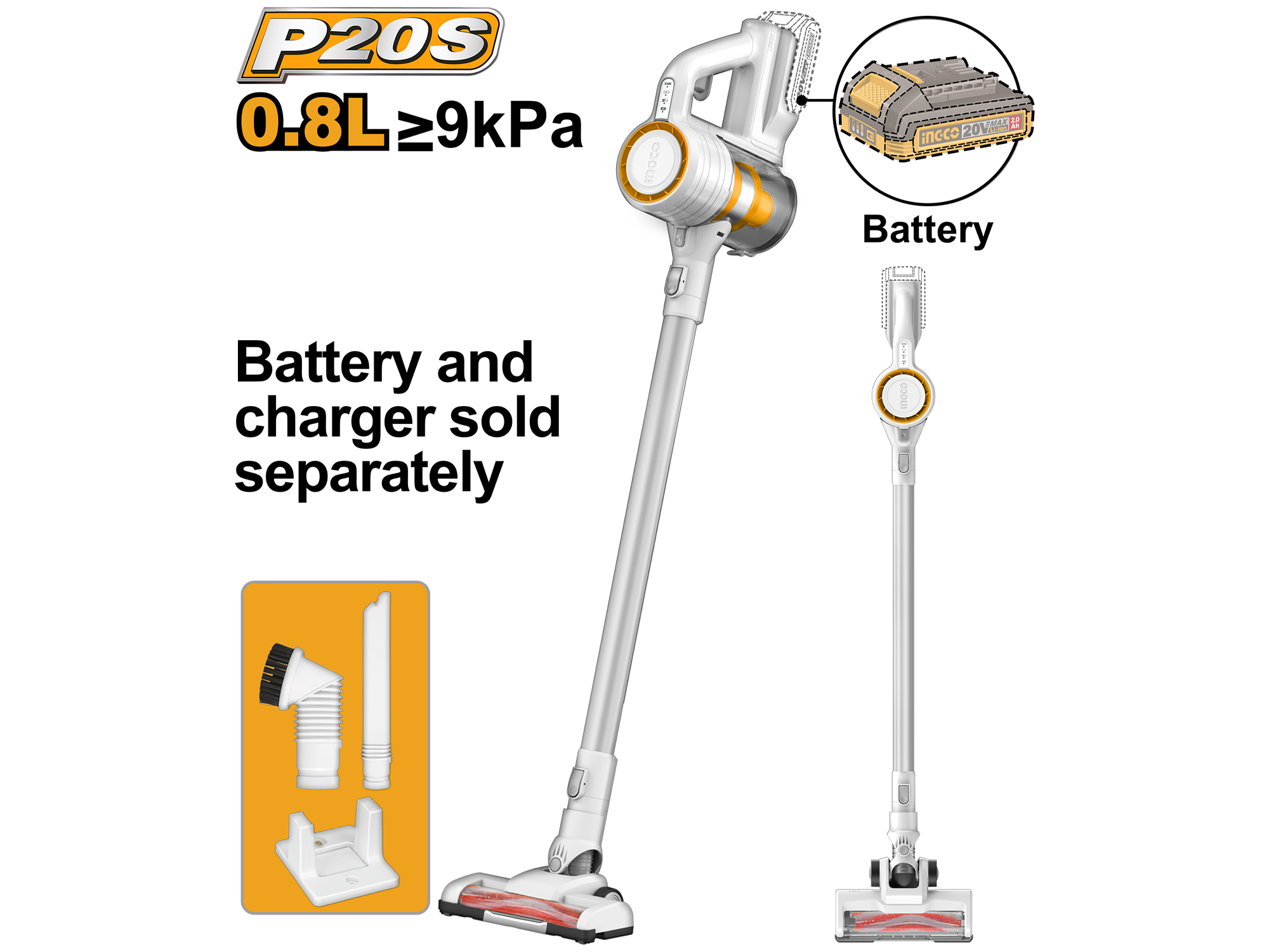 Aspiradora Inalambrica Ingco De 0.8L/20V 120W Sin Bateria Con Accesorios