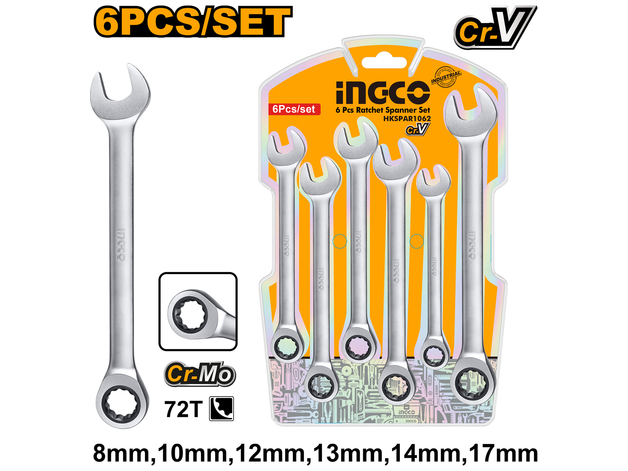 SET DE LLAVES COLA CORONA CON RATCH 6 PZS, 72 DIENTES 8MM-17MM