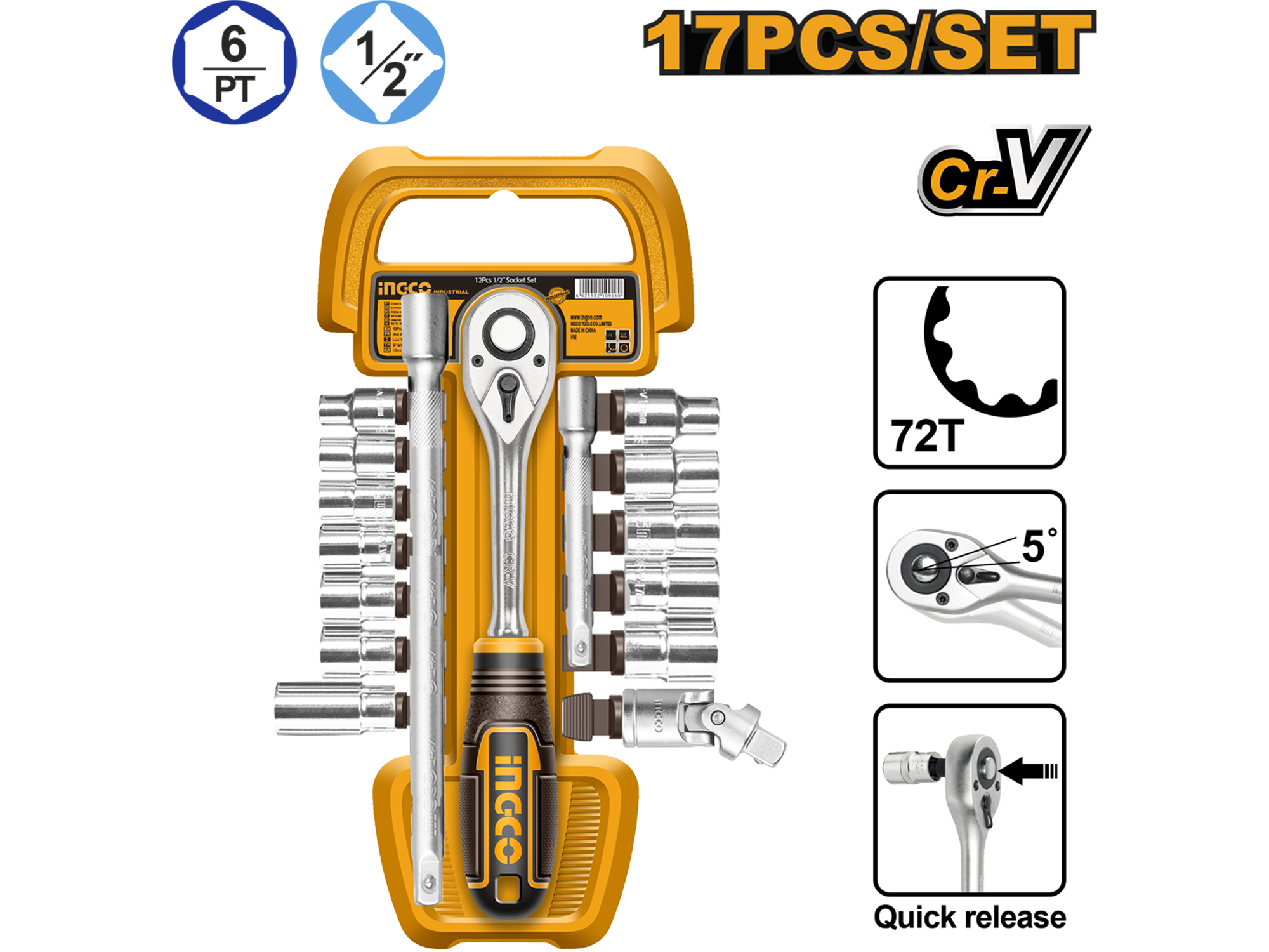 SET DE LLAVE RATCH 1/2", 17 PZS DE COPAS