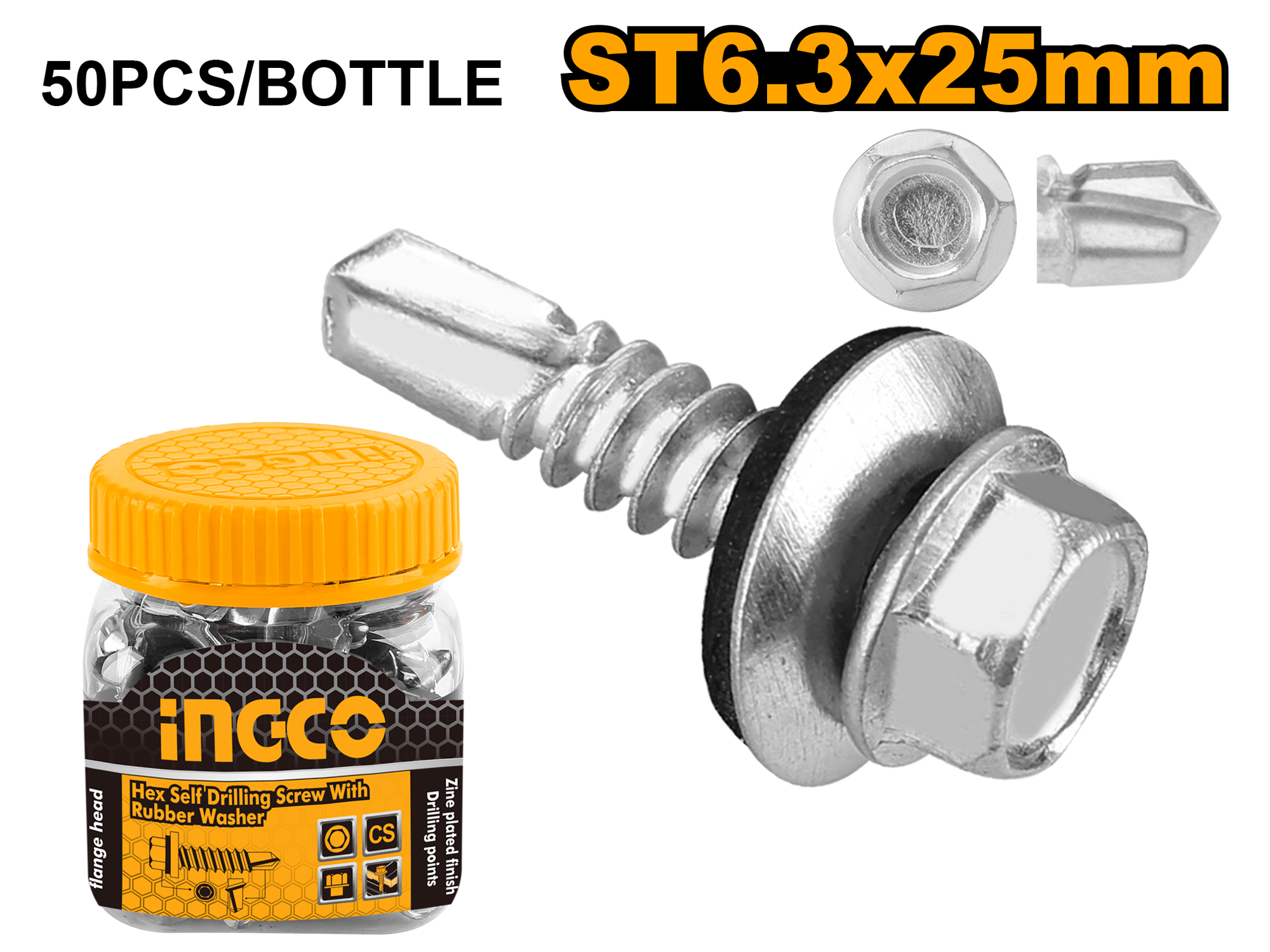 Caja De Tornillos Hexagonales/Polser Para Laminar Ingco St6.3X25Mm 50 Pzs