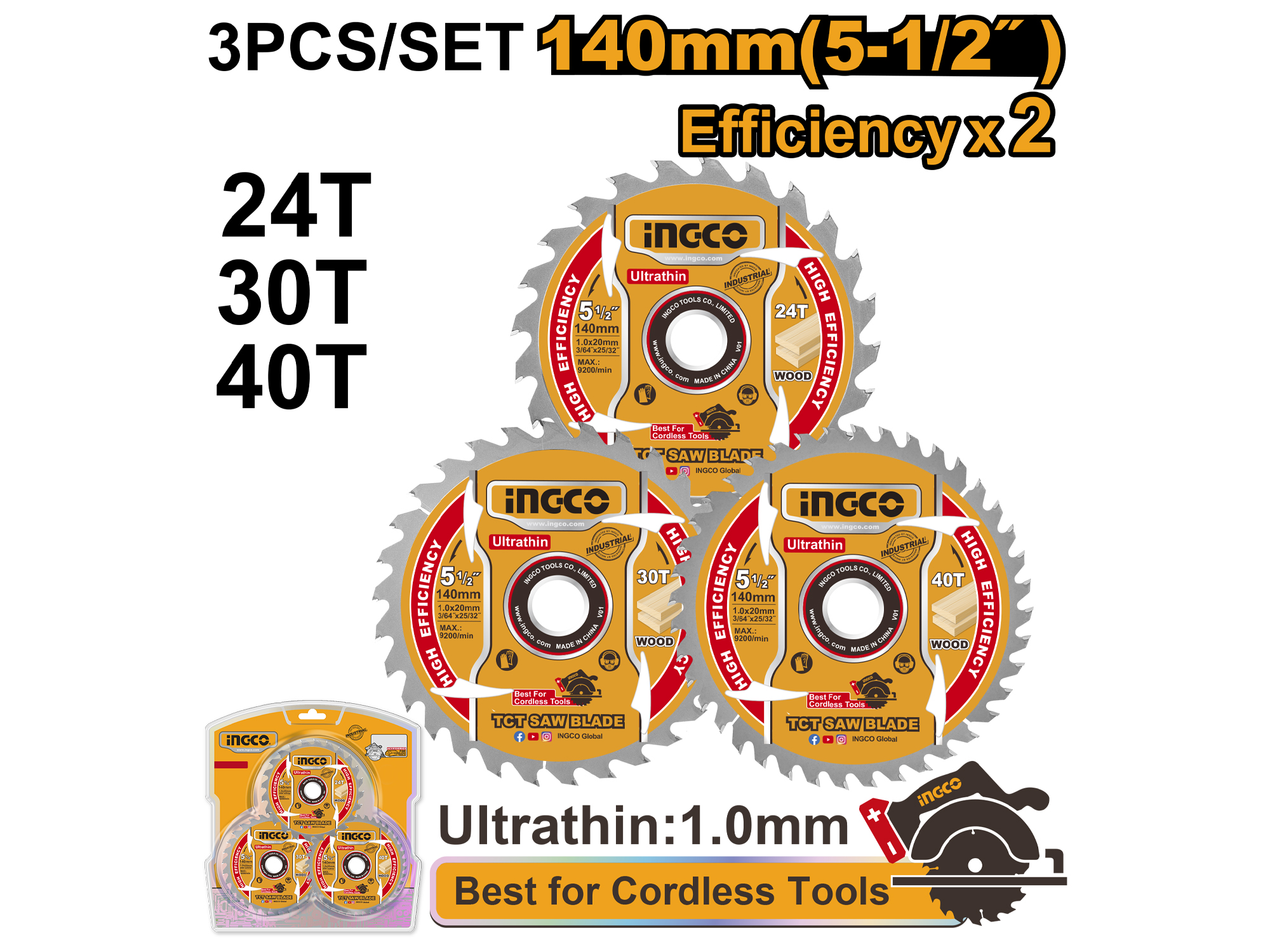 SET DE DISCOS DE CORTE PARA SIERRA CIRCULAR INGCO 5-1/2", 3 PZS