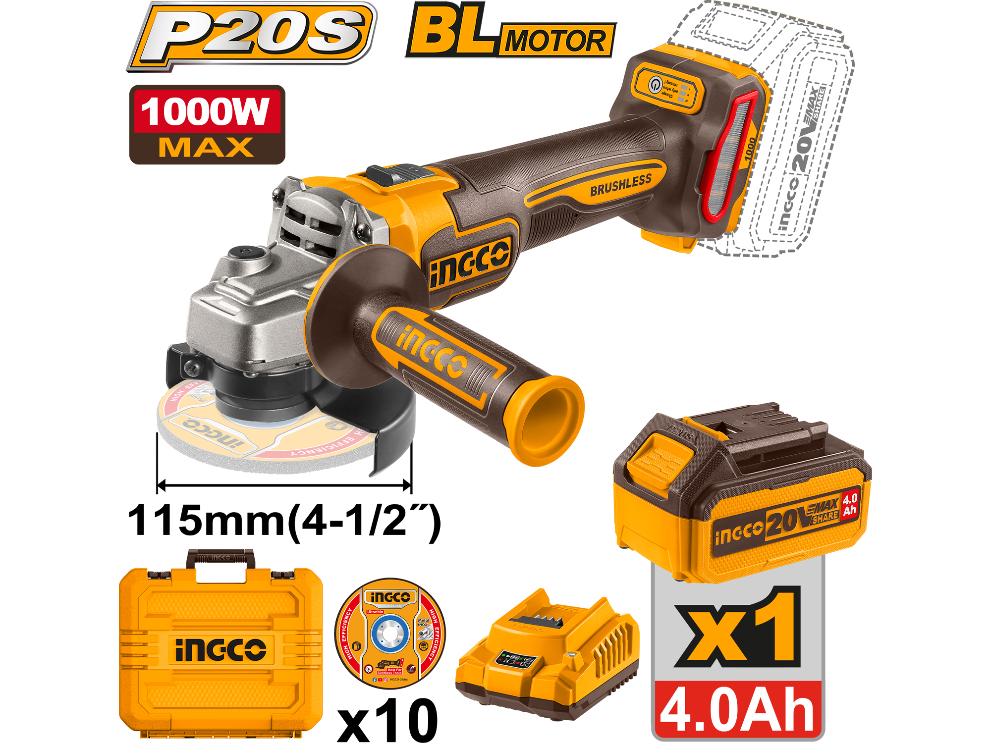 Esmeril Angular Inalambrico 20V, 4-1/2" 1000W 10 Discos, 1 Bateria 4.0Ah Y Cargador