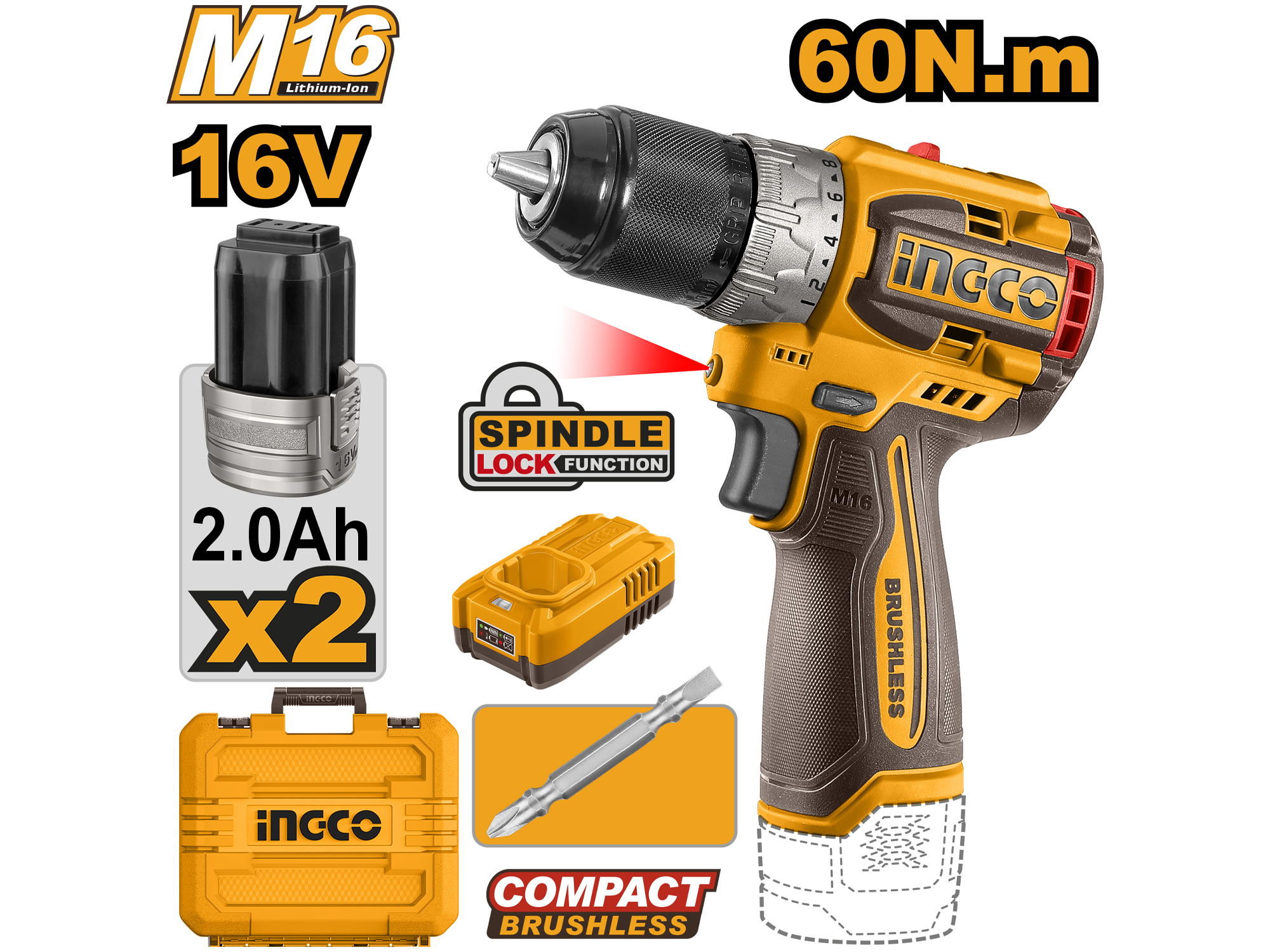 ATORNILLADOR INALAMBRICO 16V, 1/2", DOS BATERIAS Y UN CARGADOR