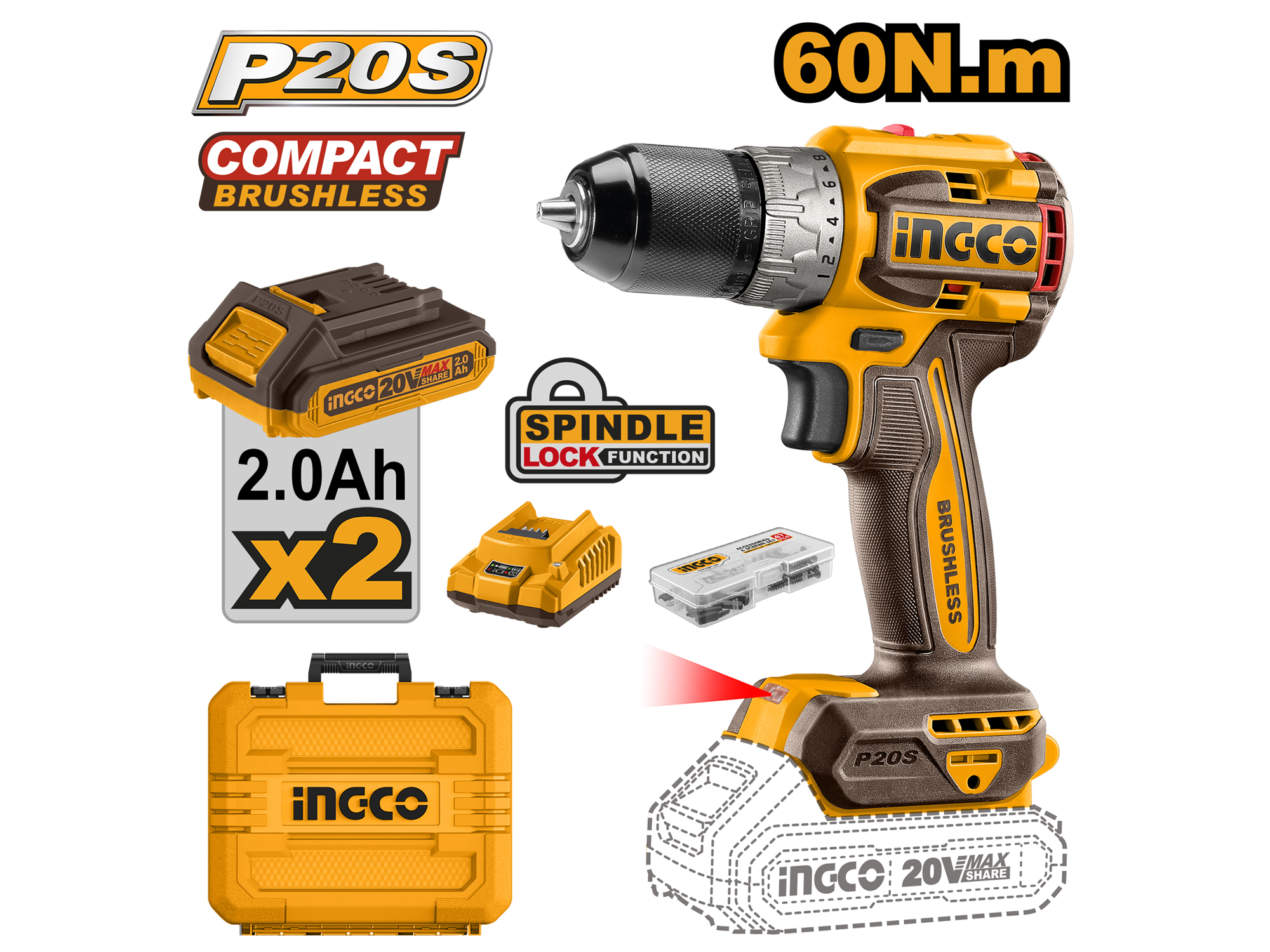 ATORNILLADOR INALÁMBRICO 20V, 1/2", DOS BATERÍAS Y UN CARGADOR