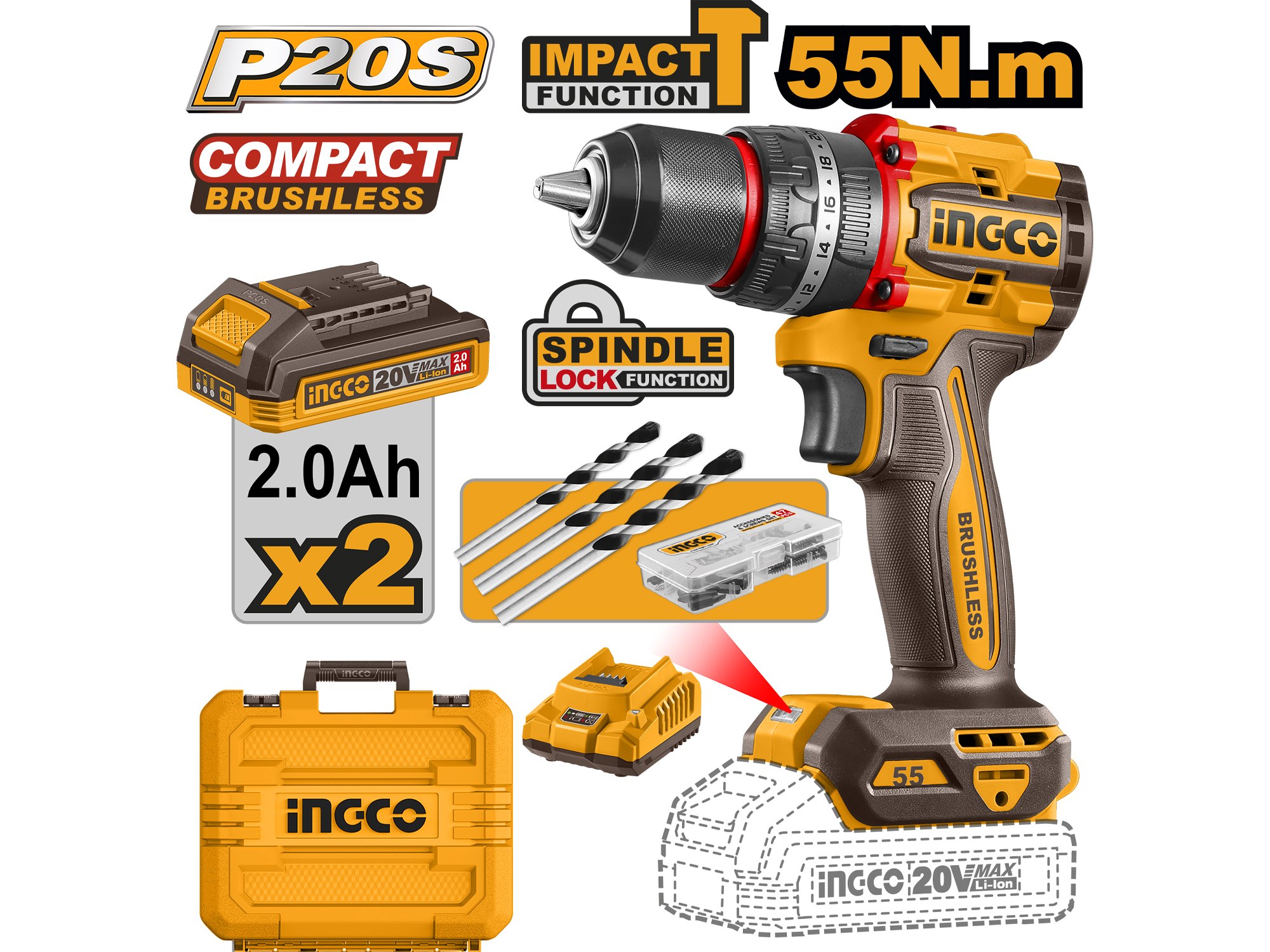 Barreno De Impacto Inalambrico 1/2" 55Nm Compact Bl 20V Bl 2 Bat. Y Carg.