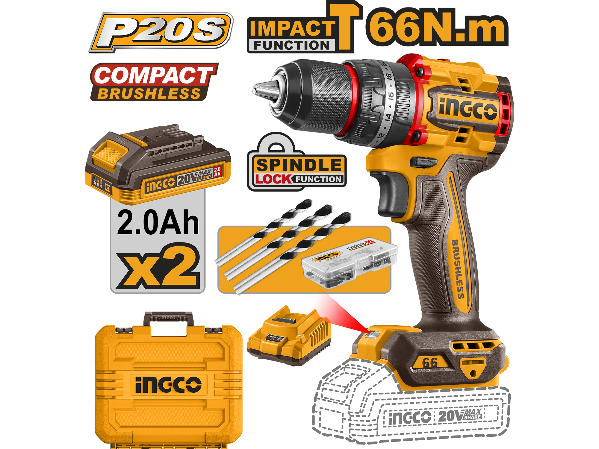 Barreno De Impacto Inalambrico 1/2" 66Nm Compact Bl 20V Bl 2 Bat. Y Carg.
