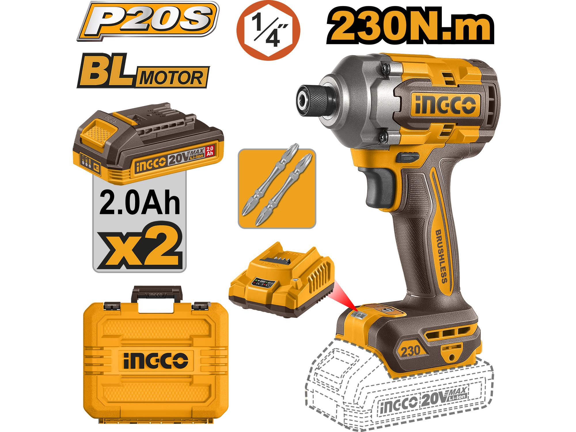 Atornillador De Impacto Inalambrica 230Nm 20V Con Dos Baterias Y Cargador Ingco