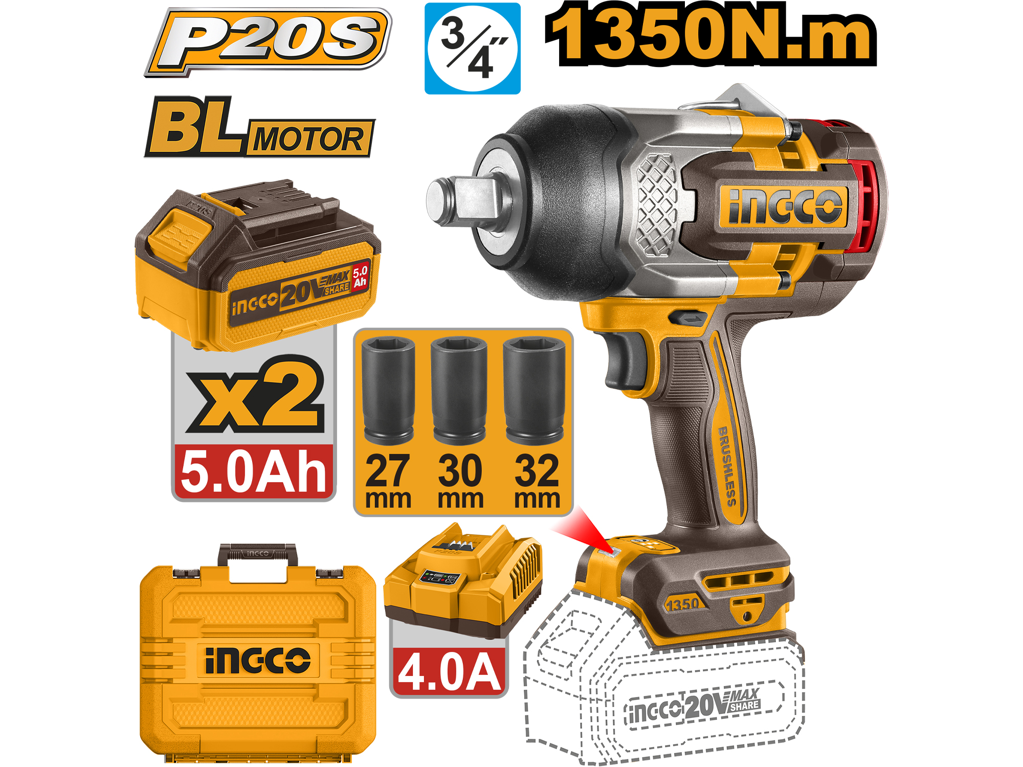 Pistola De Impacto Inalambrica 3/4" 1350Nm 20V Con Dos Baterias 5.0Ah Y Copas Extra