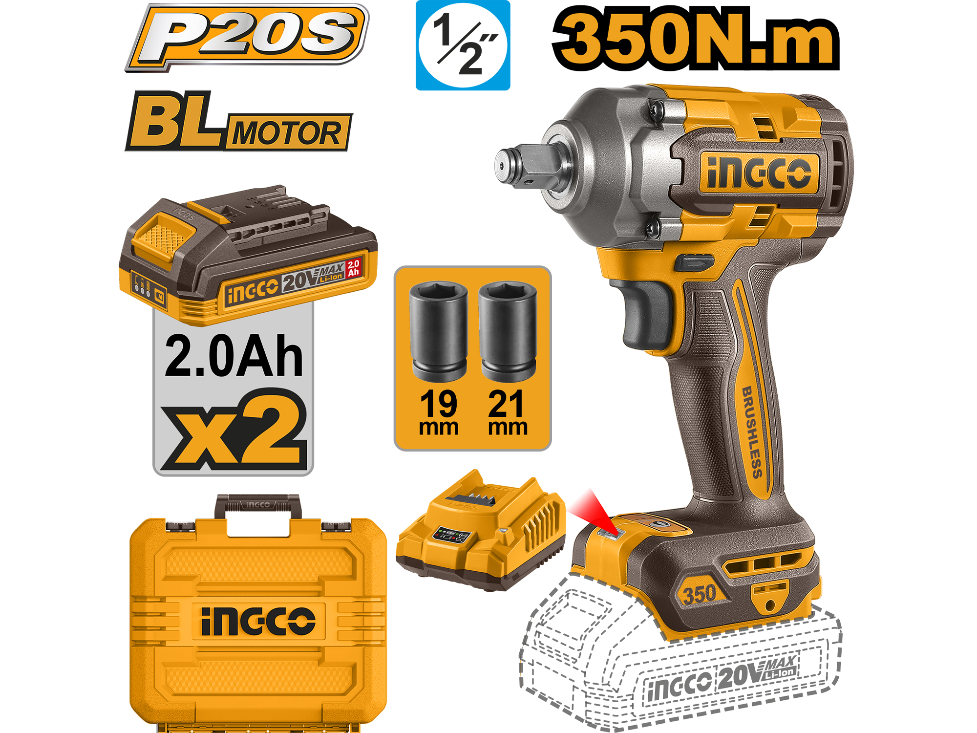 Pistola De Impacto Inalambrica 1/2" 350Nm 20V Con Dos Baterias Y Copas Extra