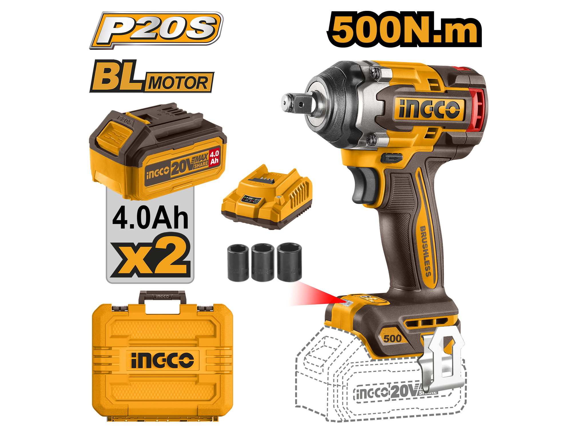 Pistola De Impacto Inalambrica 1/2" 500Nm 20V Con Dos Baterias 4.0Ah Y Copas Extra