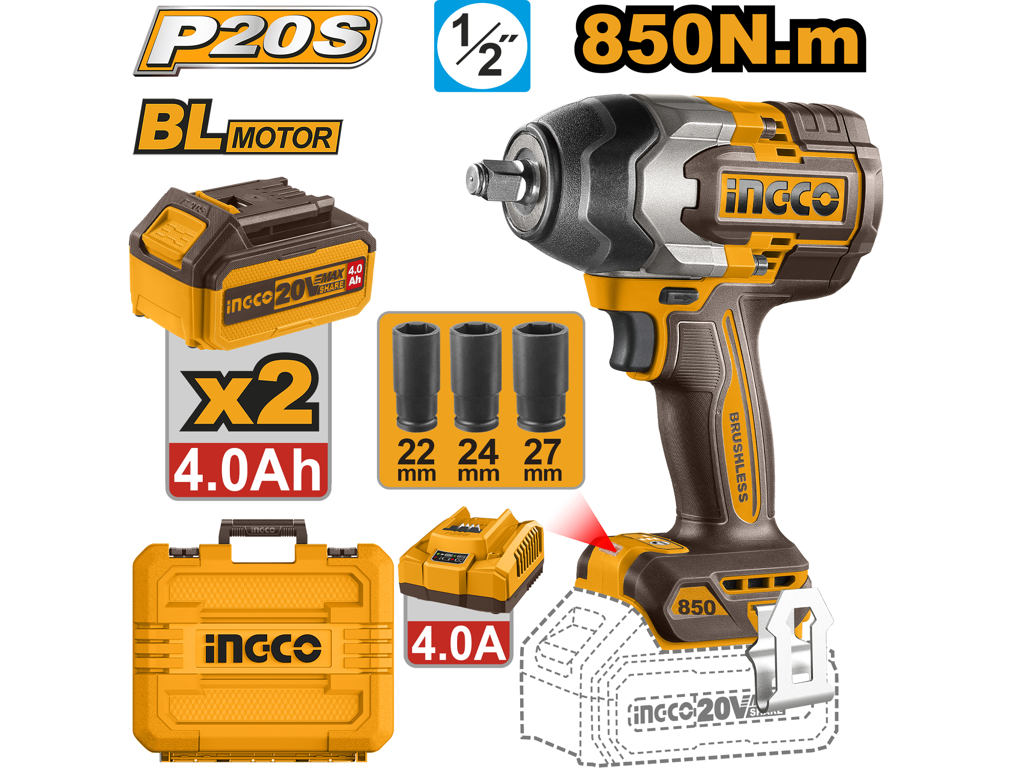 PISTOLA DE IMPACTO INALAMBRICA 20V, 1/2", DOS BATERIAS Y UN CARGADOR