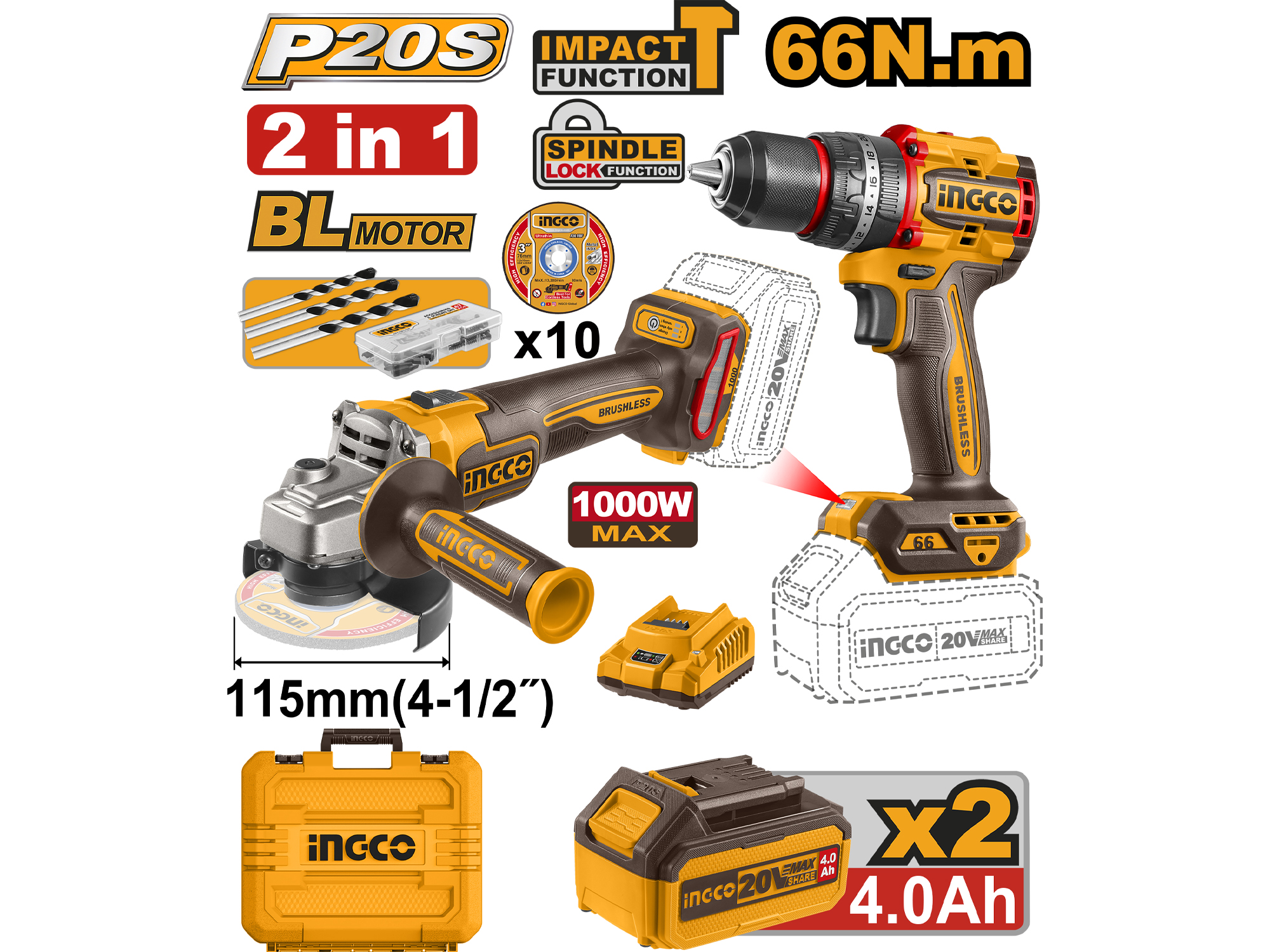 KIT INALAMBRICO DE BARRENO DE IMPACTO Y ESMERIL 20V