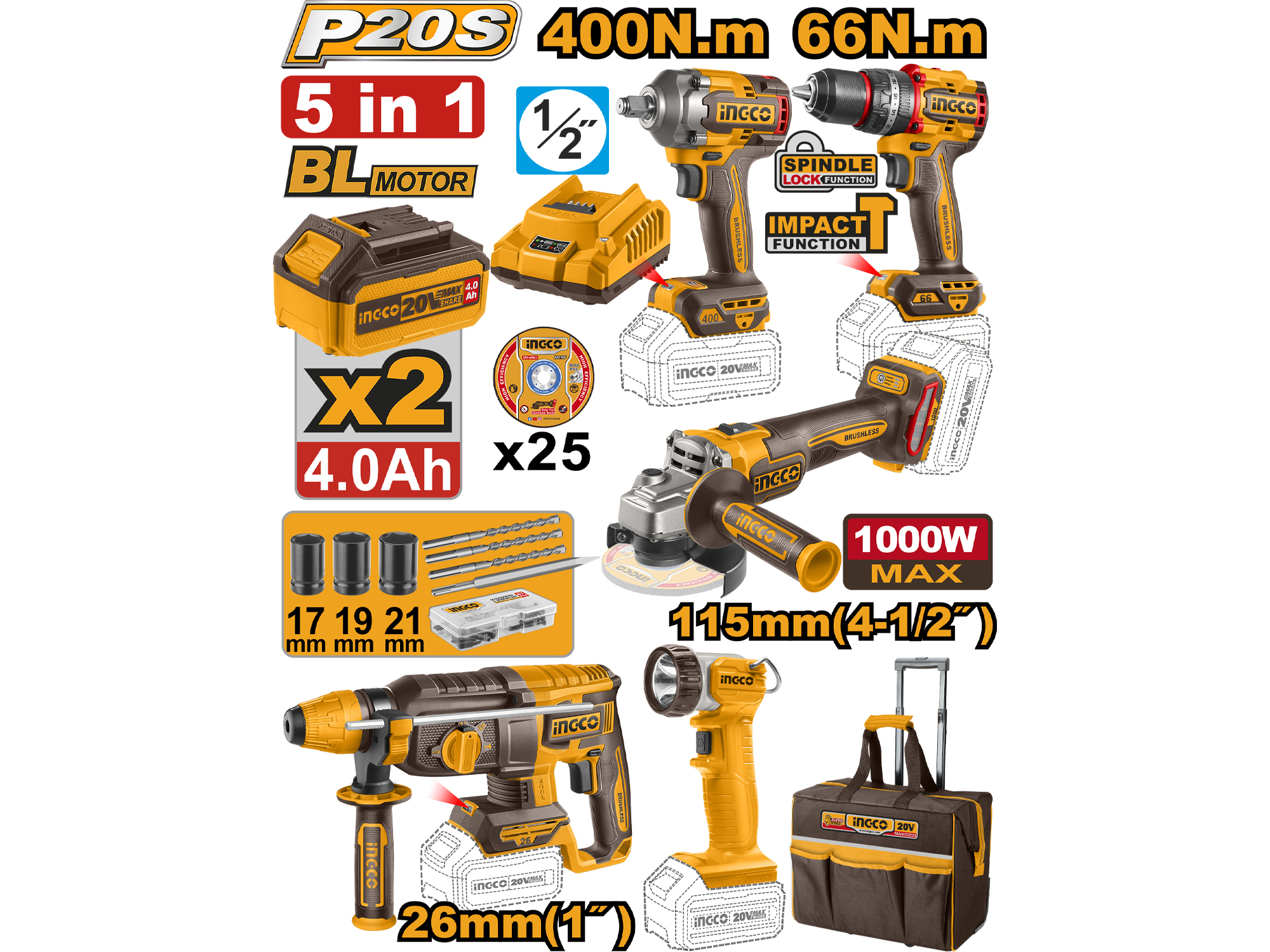 Combo Limitado 20V 5 Pzs De Barreno De Impacto 66Nm, Pistola De Impacto, Rotomartillo, Esmeril